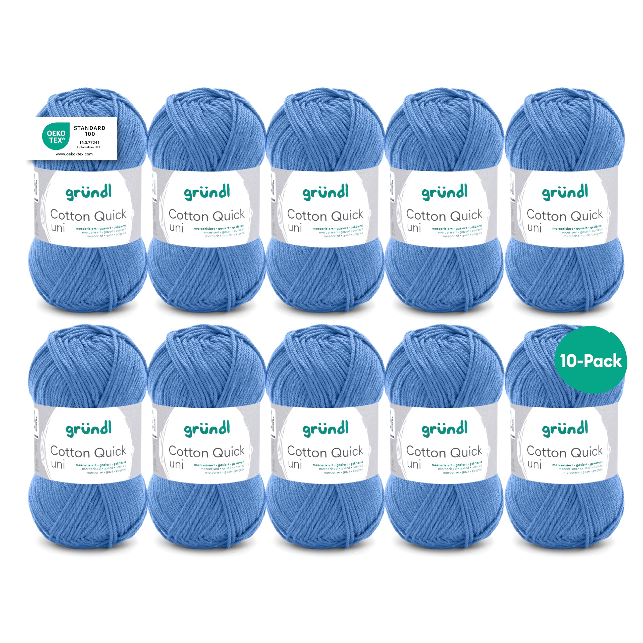 Gründl Wolle Cotton Quick uni - dünne Wolle zum Häkeln - Strickgarn - Häkelgarn - Glänzend und hautfreundlich - 100% Baumwolle - 10 Knäuel 50 g / 125 m - Nadelstärke 3-4 - ozean