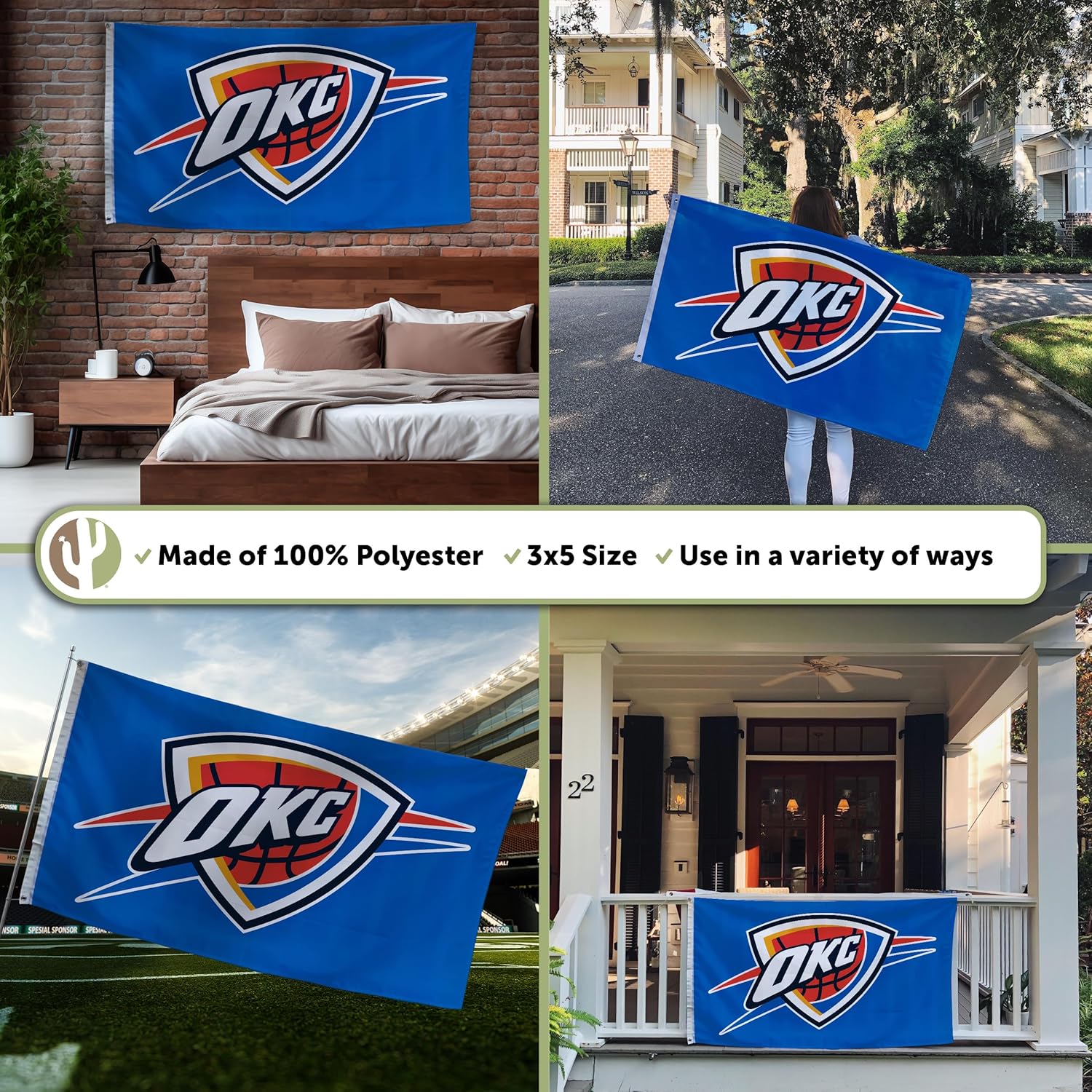 Desert Cactus Oklahoma City Thunder Flag NBA 100% Polyester Indoor Outdoor 3x5 feet National Basketball Association Team Flags OKC (Flag #1)
