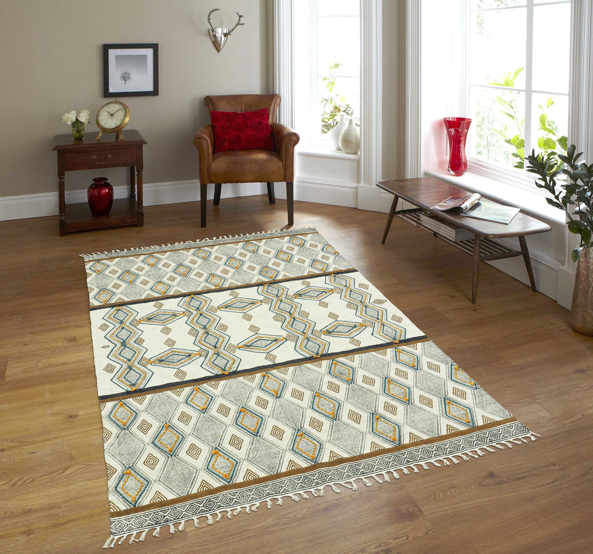 Kelim-Teppich, 3 m, quadratisch, matt, grau und beige, geometrisch, dick, 0,48 cm, Flachgewebe, handwaschbar, für drinnen und draußen, Baumwollteppiche für Flur, Esszimmer