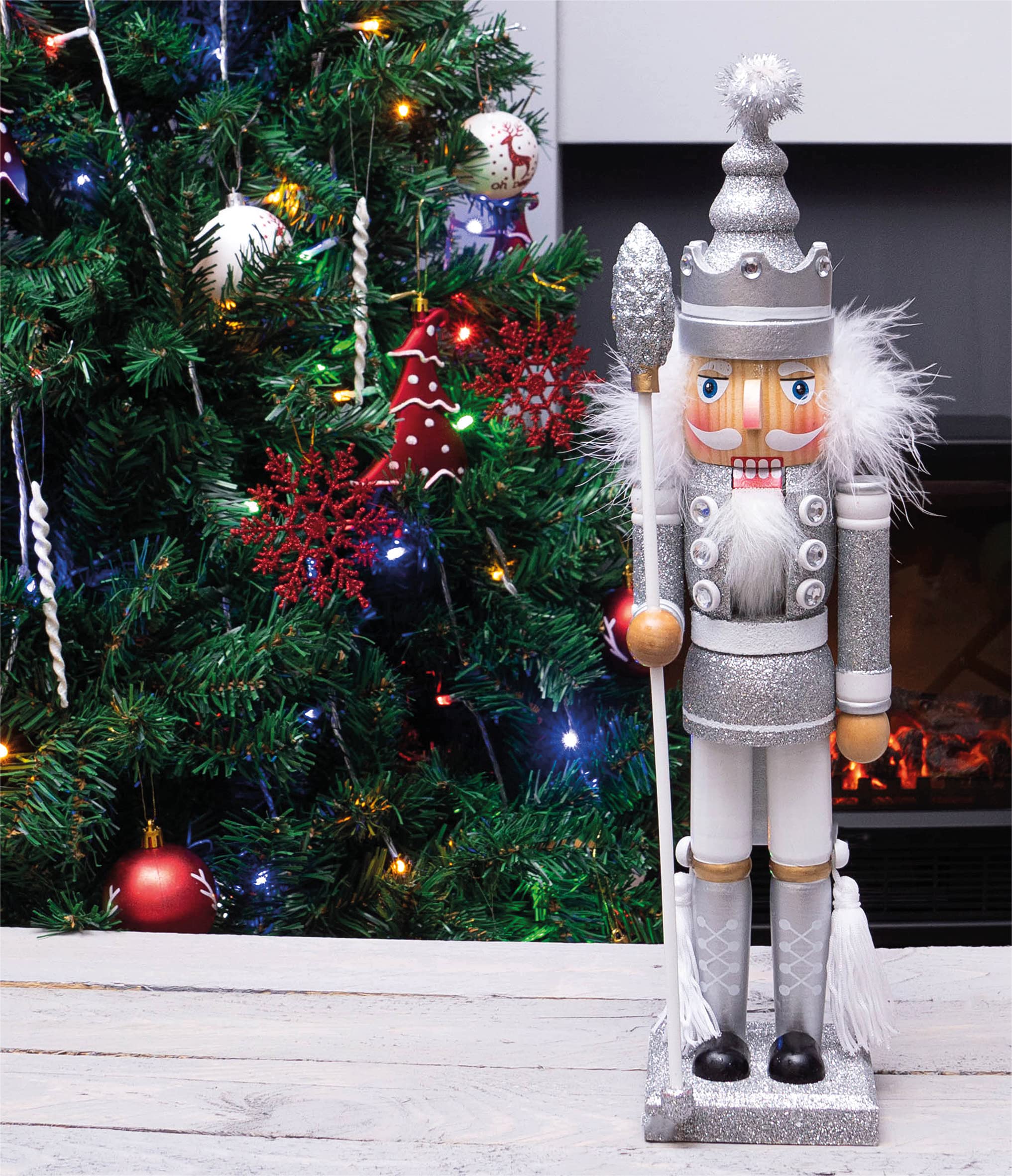 St Helens Home & Garden White Nutcracker With Staff Christmas Decoration 40Cm Height - Wonderfully Festive With Vibrant Colour Detail
