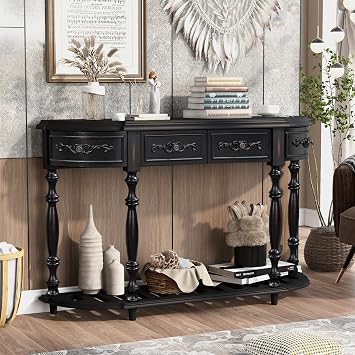 JIJIWANG Retro Half Moon Console Tables for Entryway Curved Sofa Table Entryway Table with 4 Drawers and Bottom Shelf Modern 52-Inch Foyer Behind Couch Table for Living Room, Hallway,Black