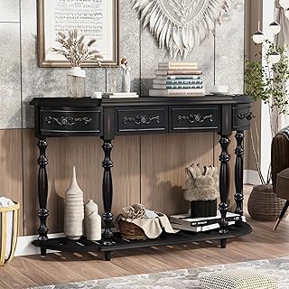 Knocbel Vintage Entry 4-Drawer Console Table with Open Slatted Shelf, Entryway Hallway Foyer Sofa Table with Legs, 52" W x 13" D x 32" H (Antique Black)