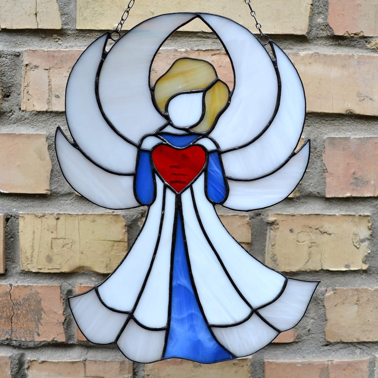 Large White Stained Glass Angel Suncatcher for Window Hanging or Wall Decor. Christian Decoration
