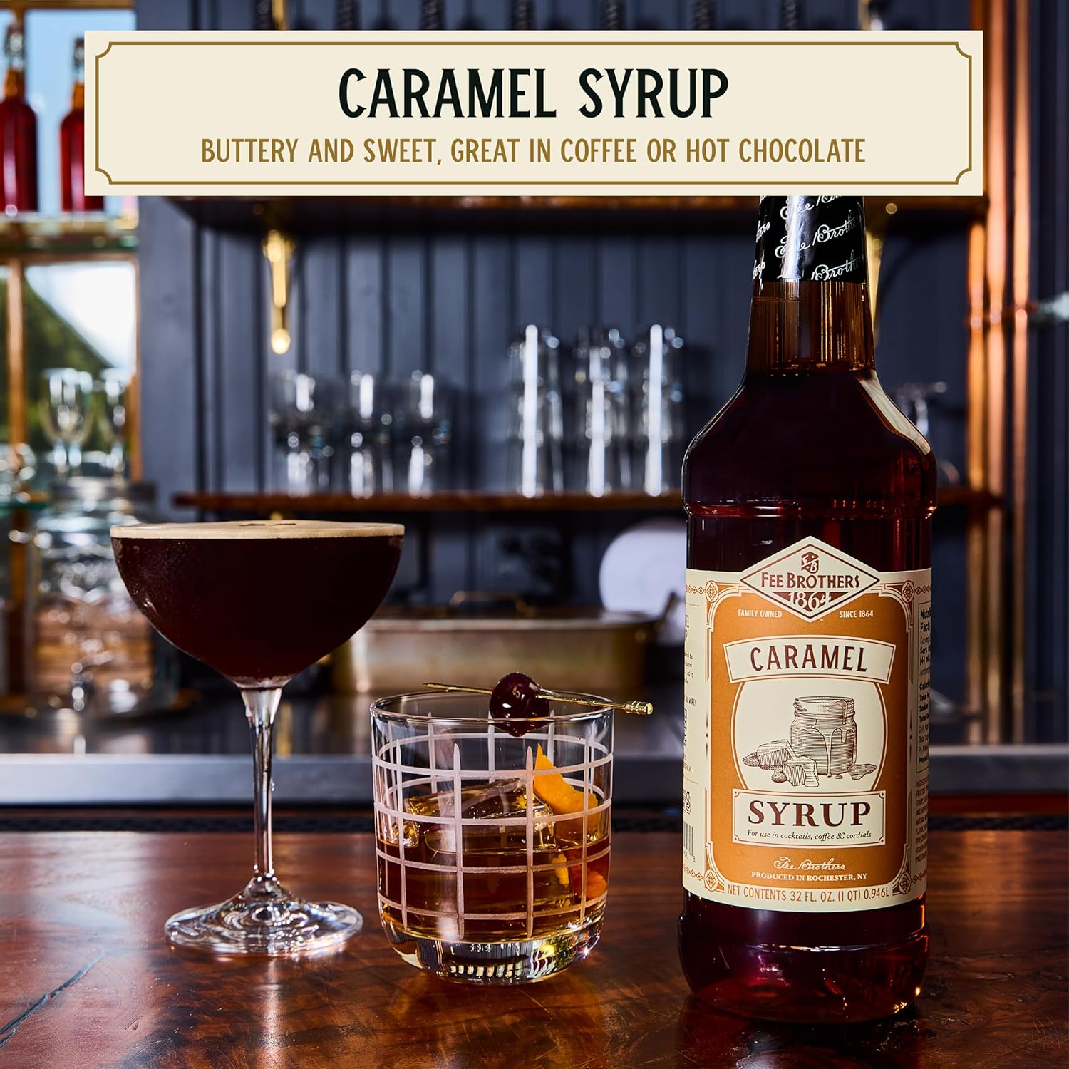 Fee Brothers Flavored Syrup – Premium Cocktail, Coffee & Soda Drink Mixer for Home Bar and Beverage Recipes, Caramel, 32 Fl Oz (1 Quart)