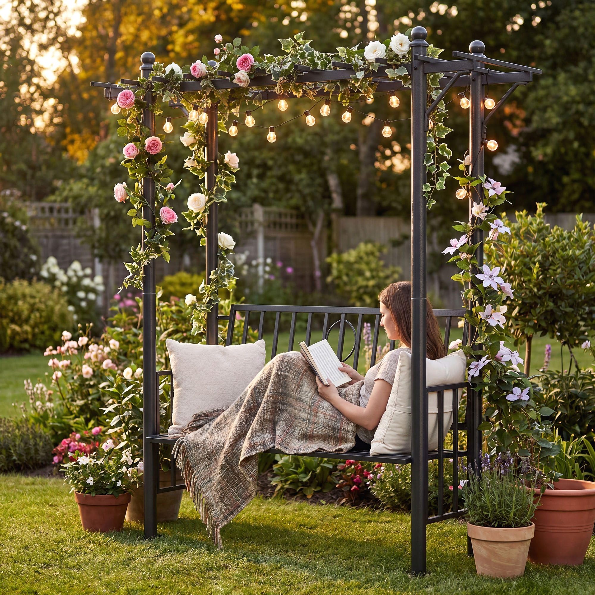 CLP Arche a rosiers avec Banc Luvio, Resistant aux intemperies avec Dossier, pour Jardin et terrasse, Support jusqu'a 220 kg Couleur Anthracite