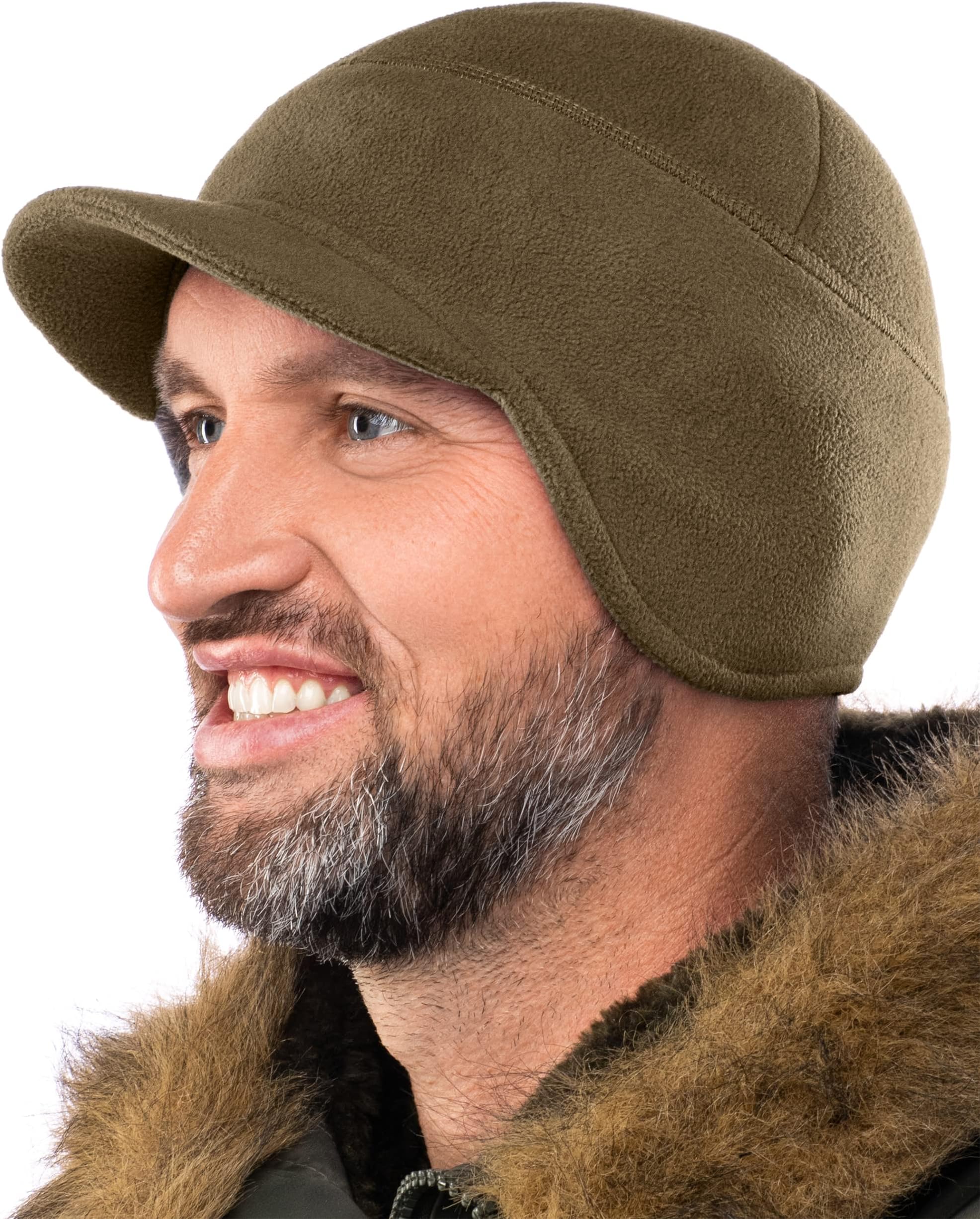 Fleece Winter Beanie with Visor - Men Women - Earflap Brim Skull Watch Cap Hat