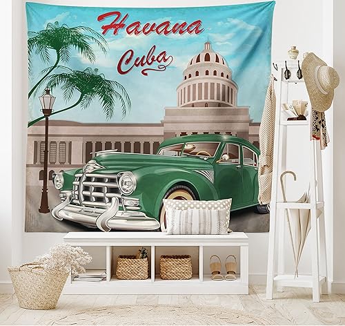 Miniatura 2 de Lunarable Tapiz de La Habana, diseño retro de El Capitolio con nostálgico auto debajo de la palmera, decoración de tela para colgar en la pared para