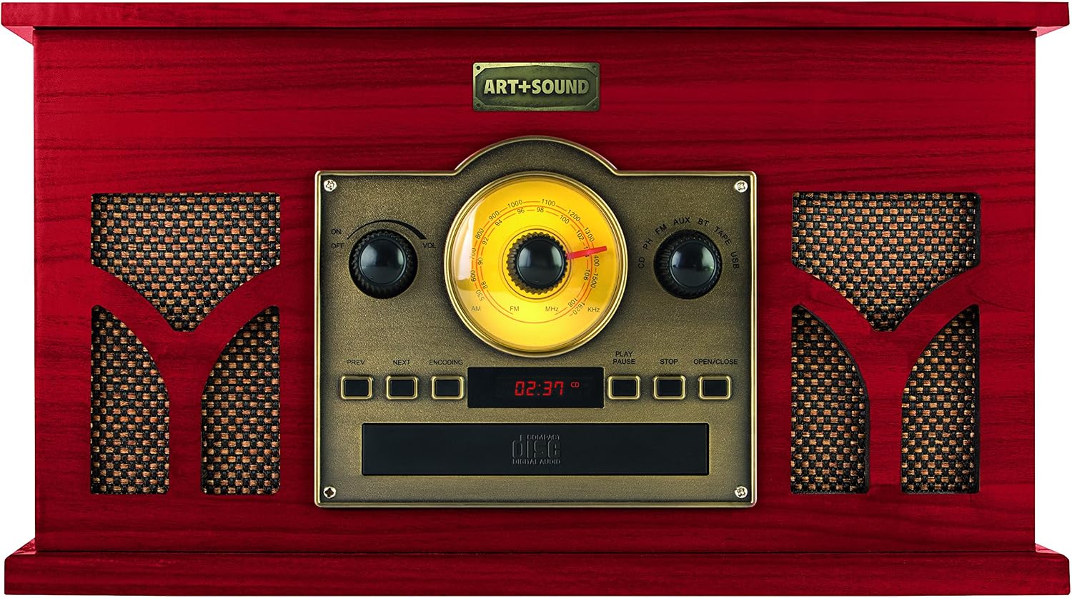 Close-up of the ART+SOUND AR3001 control panel, showing knobs for power/volume, tuning, and function selection, along with buttons for playback control and a digital display.