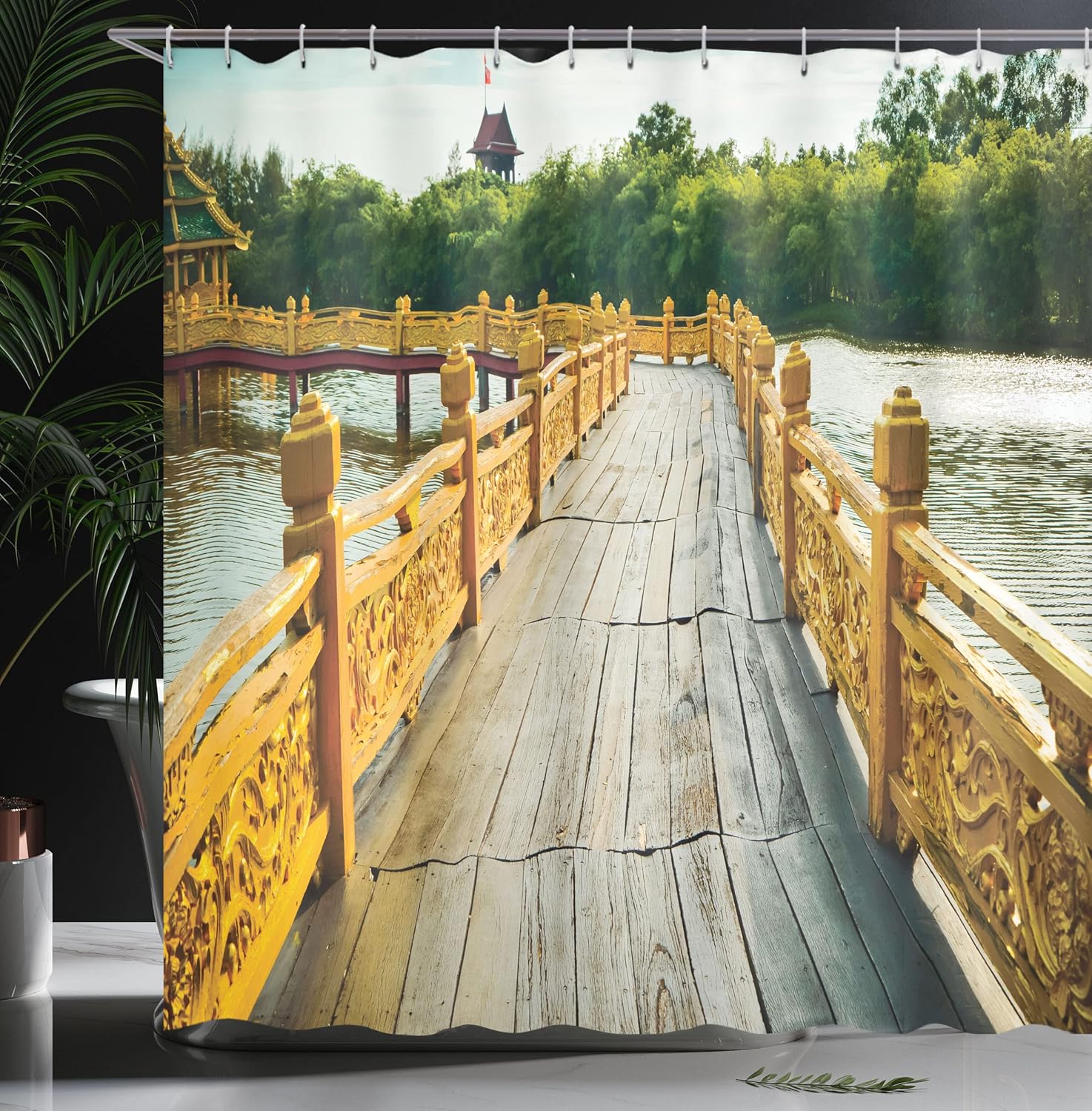 Ambesonne Countryside Shower Curtain, Bridge Timber Warm Tone Tourist Attractions River Traveling Waterscape, Cloth Fabric Bathroom Decor Set with Hooks, 69" W x 70" L, Yellow Green