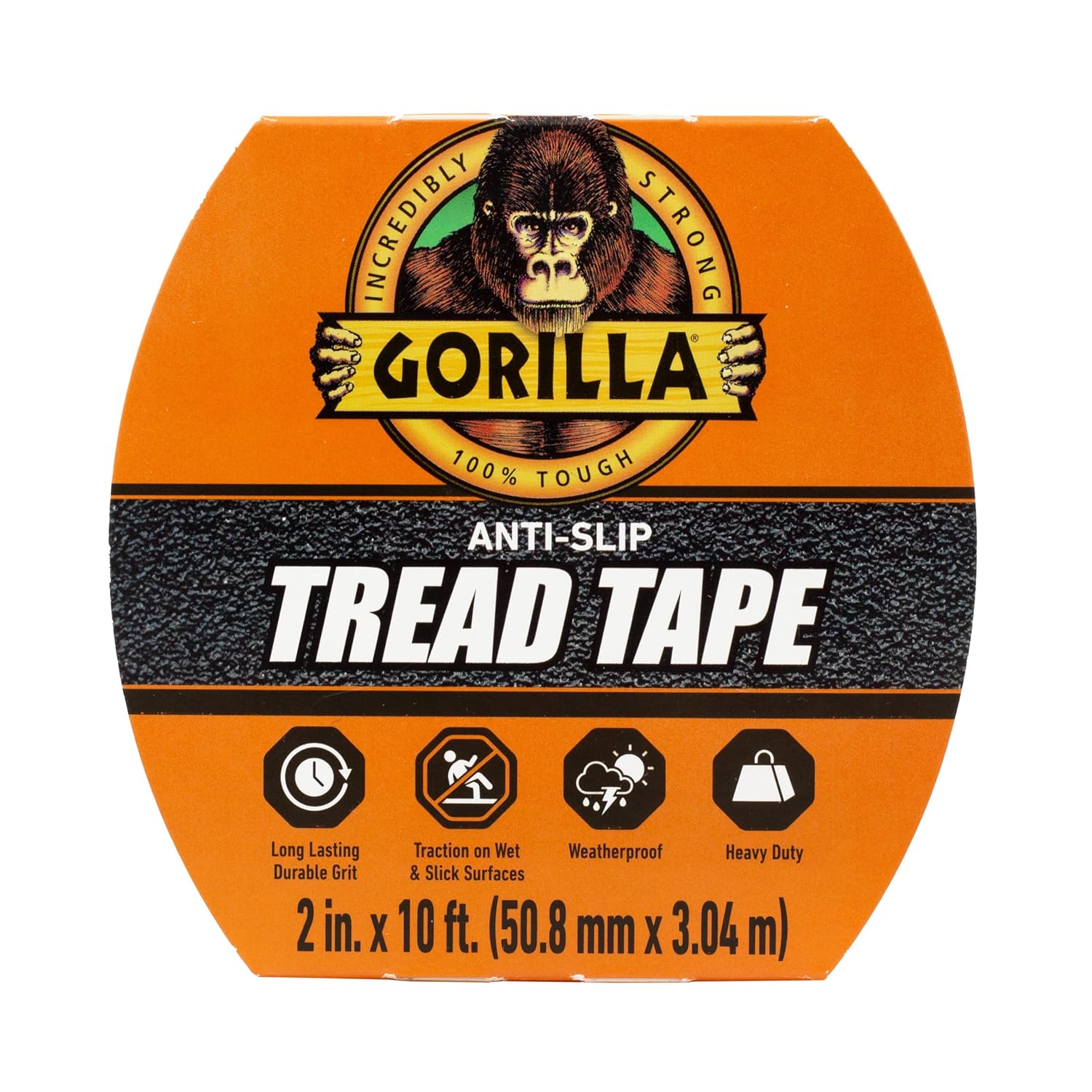 Gorilla Anti-Slip Tread Tape, 2" x 10' Roll, Black, (Pack of 4)