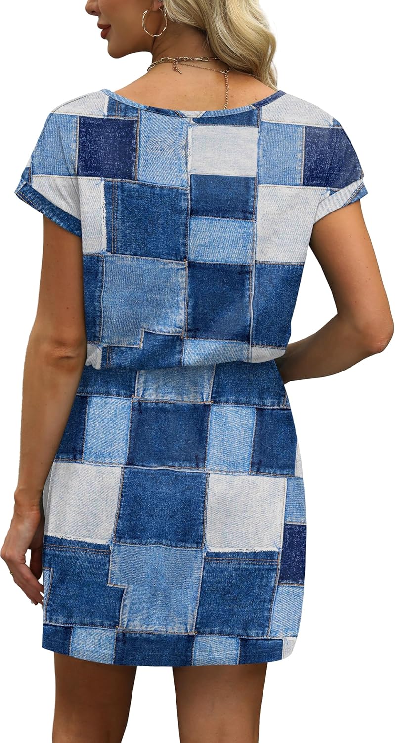 OFEEFAN Summer Dresses for Women 2026 V Neck T Shirt Casual Mini Dresses Tie Waist Sundresses with Pockets thumbnail