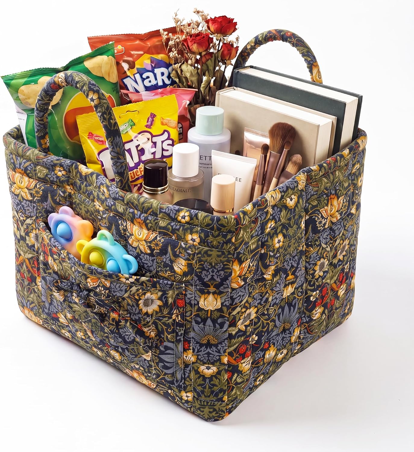 Quilted Laundry Basket with Handles,1.2cm Thick Padded Fabric Car Storage Basket for Organizing Clothes, Boho Floral Collapsible Home Storage Hamper, 13x10x10.6 Inches (4 Color Options)