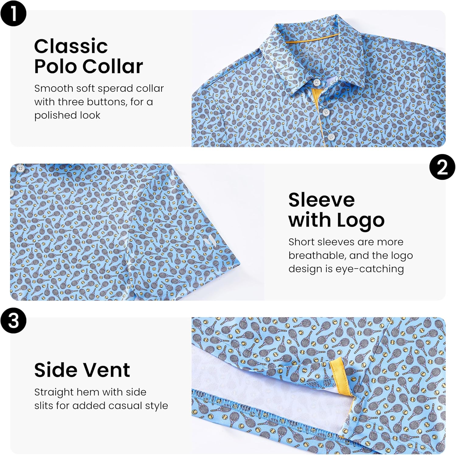 Mens Golf Shirt Moisture Wicking Dry Fit Print Performance Short Sleeve Polo Shirts for Men