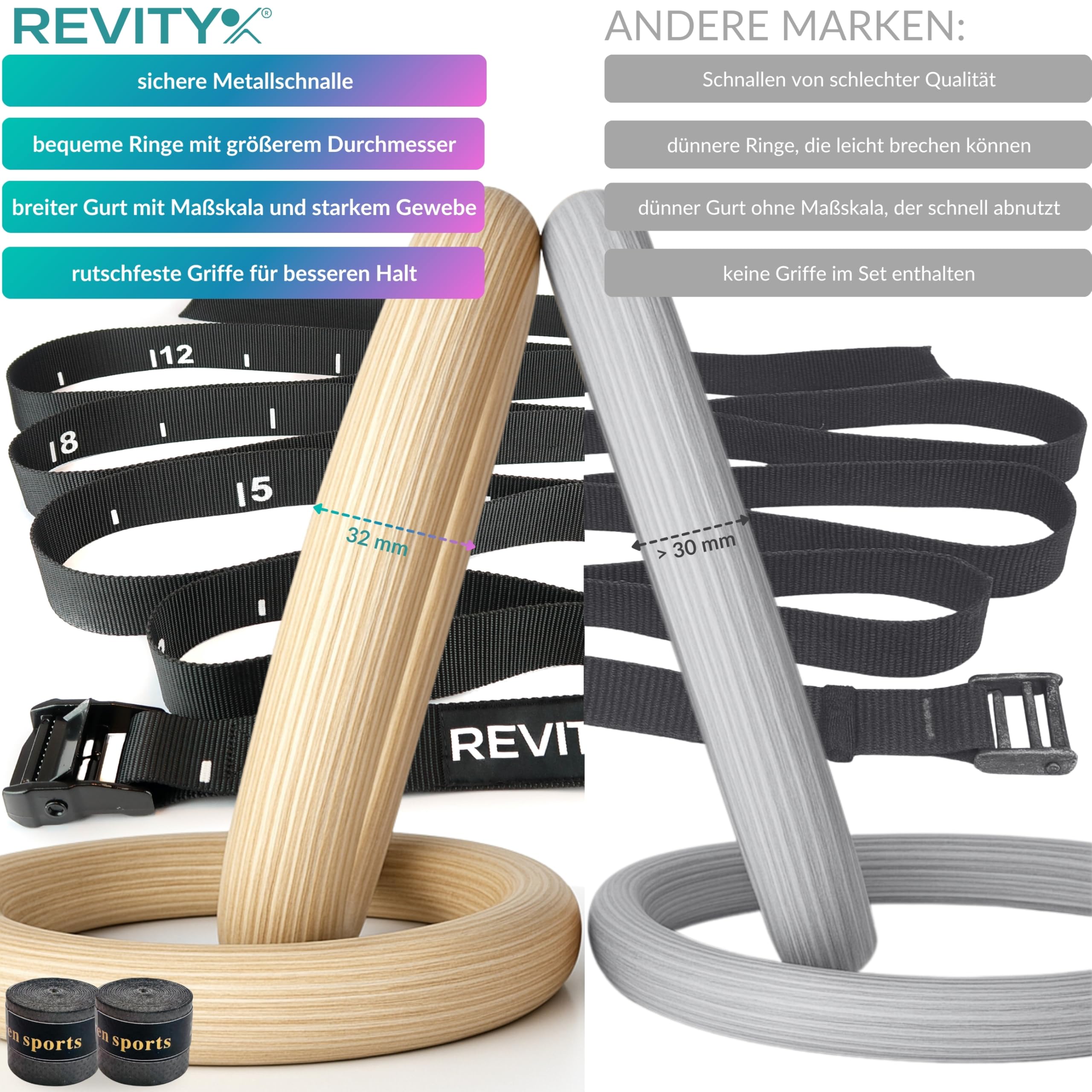 Turnringe Holz - Olympische Gymnastikringe für Crossfit, Ringe Calisthenics 32 mm, Gurte 450 x 3.8cm mit Markierungen, Maximale Belastung 250 kg, Griffbänder, Trainingsplan als PDF, Tragetasche