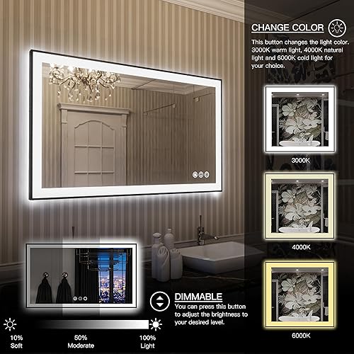 Miniatura 3 de Espejo de baño LED de 40 x 24 pulgadas con retroiluminación y luz frontal, espejo iluminado regulable, marco para pared, antivaho inastillable