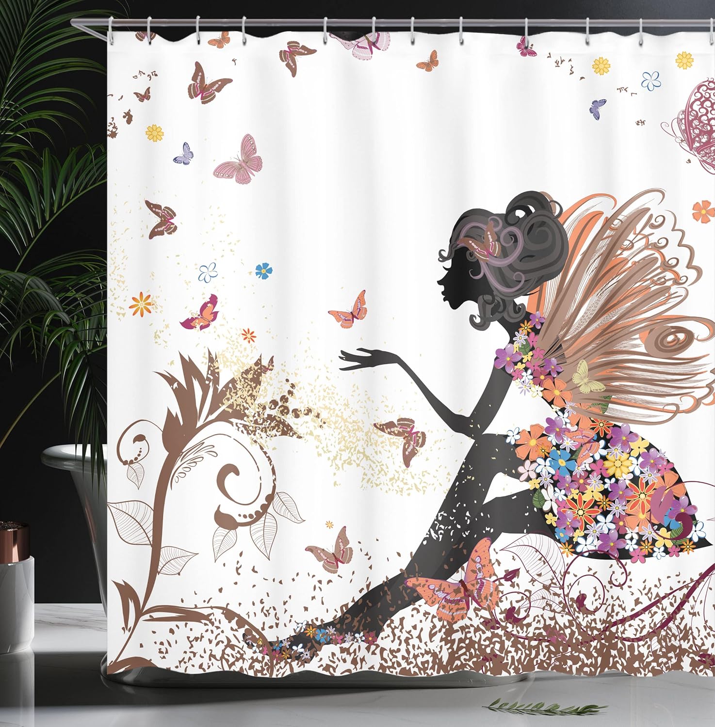 Ambesonne Fantasy Shower Curtain, Spring Girl Wings in a Floral Dress Surreal Garden Butterflies Print, Cloth Fabric Bathroom Decor Set with Hooks, 69" W x 70" L, Caramel White
