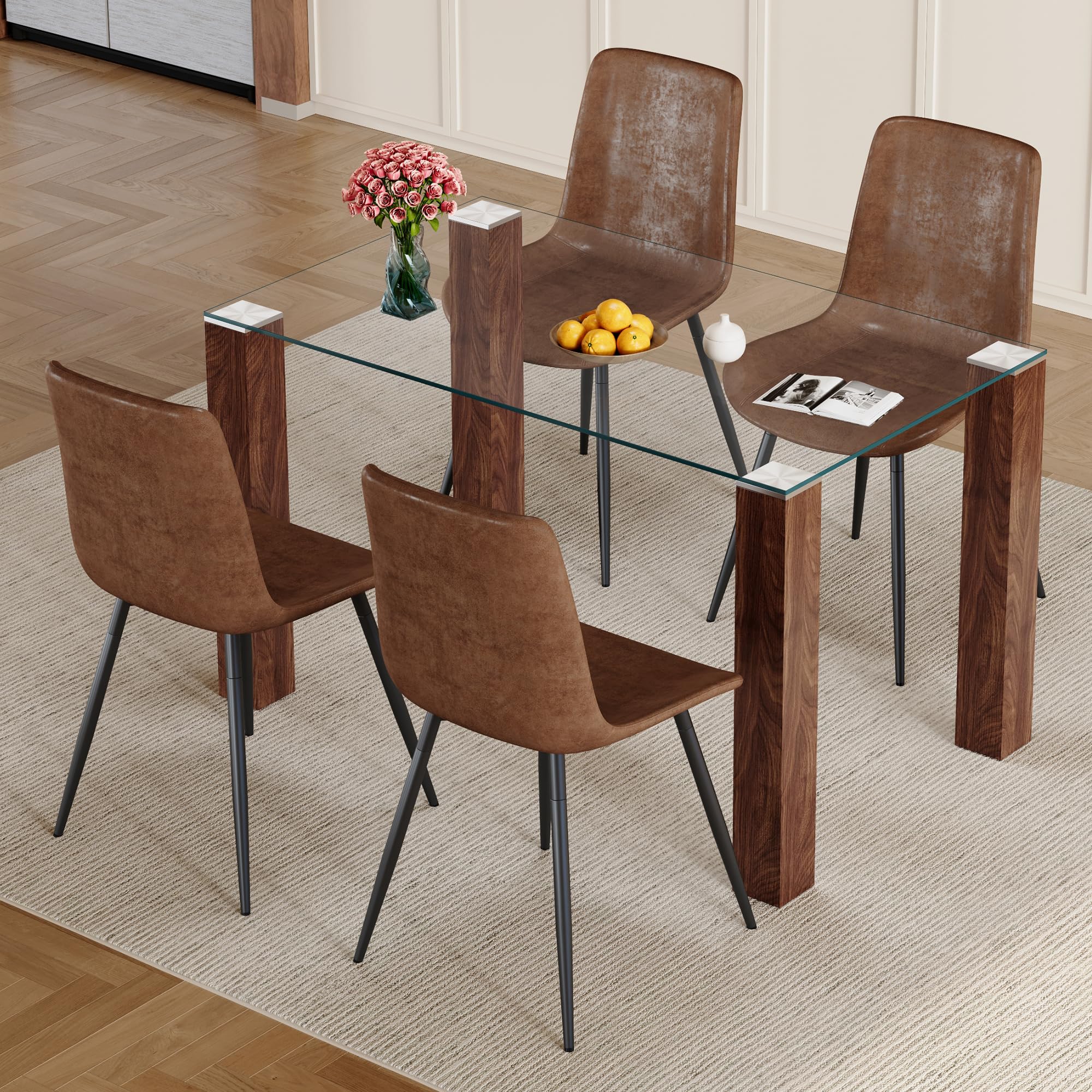 MUUOKY 49.6" Glass Dining Table Set for 4, 5 Piece Dining Table Set with Tempered Glass Top and Wood Legs, Kitchen Table Set for 4 with Brown Chairs,