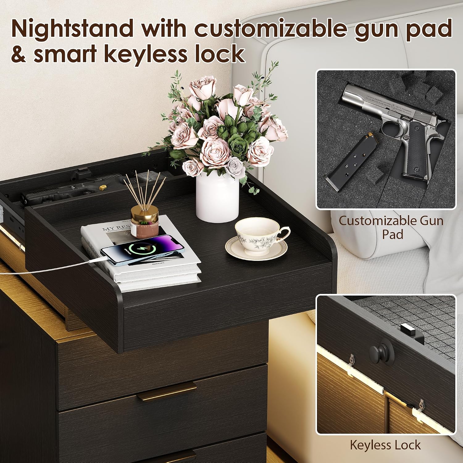Baoz Nightstand with 3 Drawers & Sliding Top for Bedroom- LED Night Stand with Left Charging Station & Open Compartment Modern Bedside End Table with Gun Drawer (Black) image 3