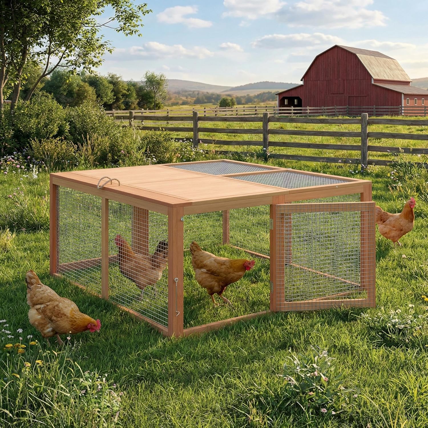 Folding Chicken Coop & Rabbit Hutch, Portable Wooden Cage with 2 Doors, Easy Setup for Indoor/Outdoor Small Animals & Poultry, Wood