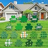 16 PCS St Patricks Day Yard Signs, 16 Styles Shamrock Shape Yard Signs with Stakes, Weatherproof Green Plaid Glitter Lucky Clover Lawn Signs Outdoor for St. Patrick's Day Irish Home Lawn Patio Decor