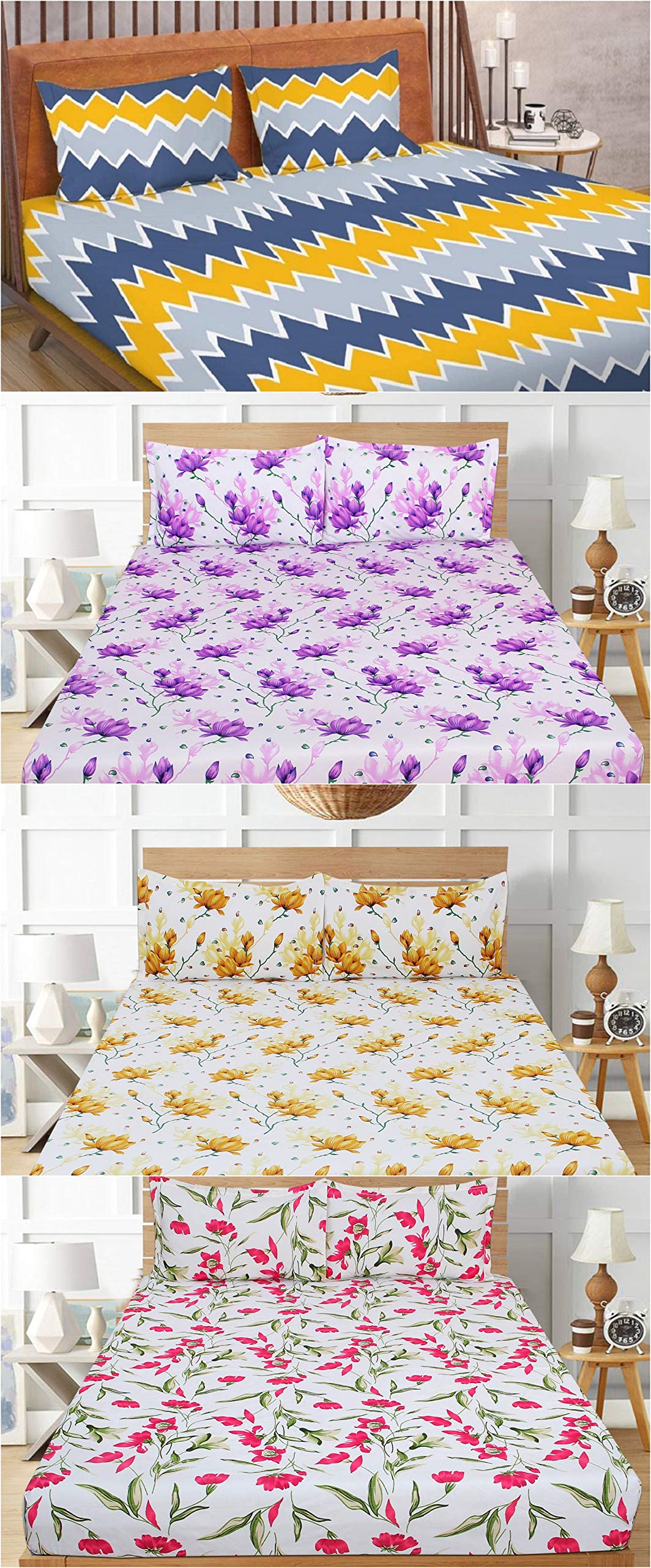 VAS COLLECTIONS® 200 GSM Glace Cotton Combo Pack of 4 Double Bedsheets with 8 King Size Pillow Cover,Size-228X228,Pillow Size-18X28 inches(Multicolours)