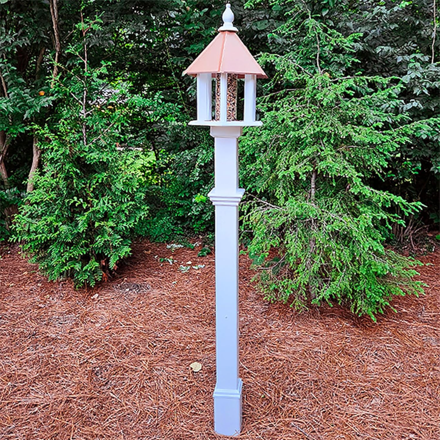 Camellia Bird Feeder with Decorative Mounting Post, Copper Colored Roof, 2 Quart PVC Seed Feeder with White Vinyl Post and Ground Anchor, Elegant Outdoor Bird Feeding Station