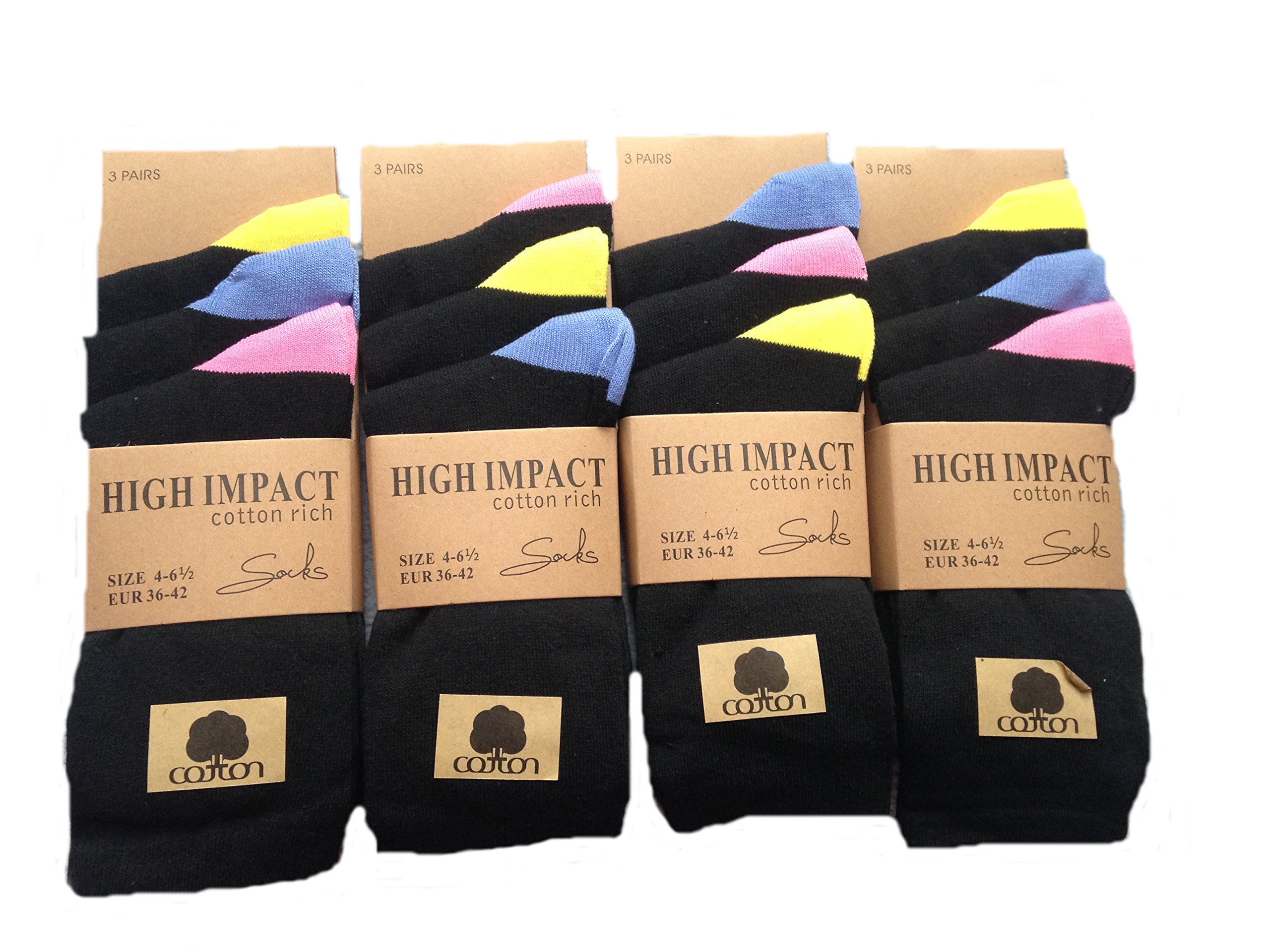 Qz Fashion Women's Assorted 3 Pairs /Girls Socks Black Coloured Heel Rich Cotton Socks Uk Shoe Size 4-7