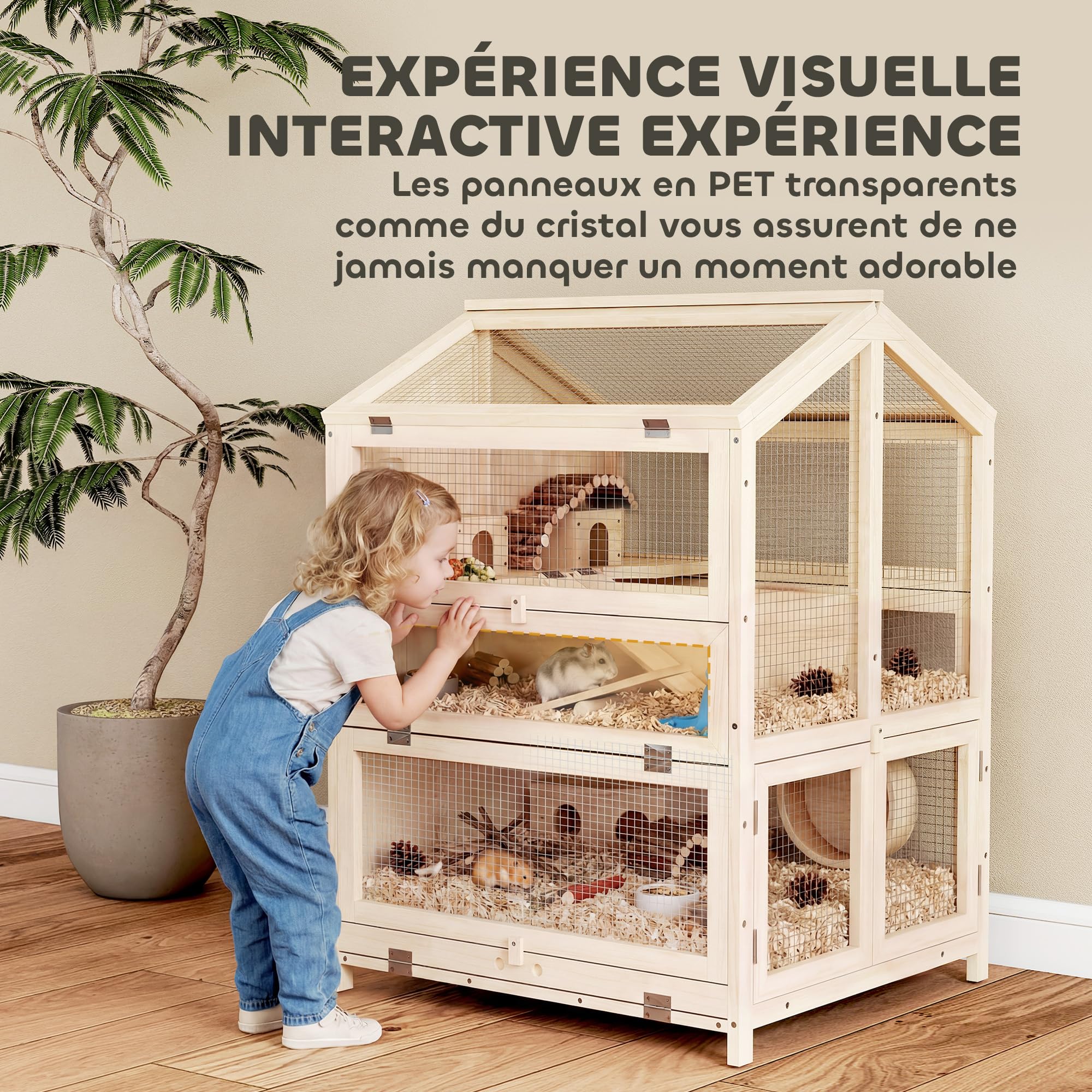 Pawhut Criceto a 3 piani in legno, vassoio rimovibile, 68 x 61,5 x 90 cm, naturale | Habitat per roditori, dondolo, bottiglia d'acqua, finestra, capanna, coperchio apribile, per piccoli animali