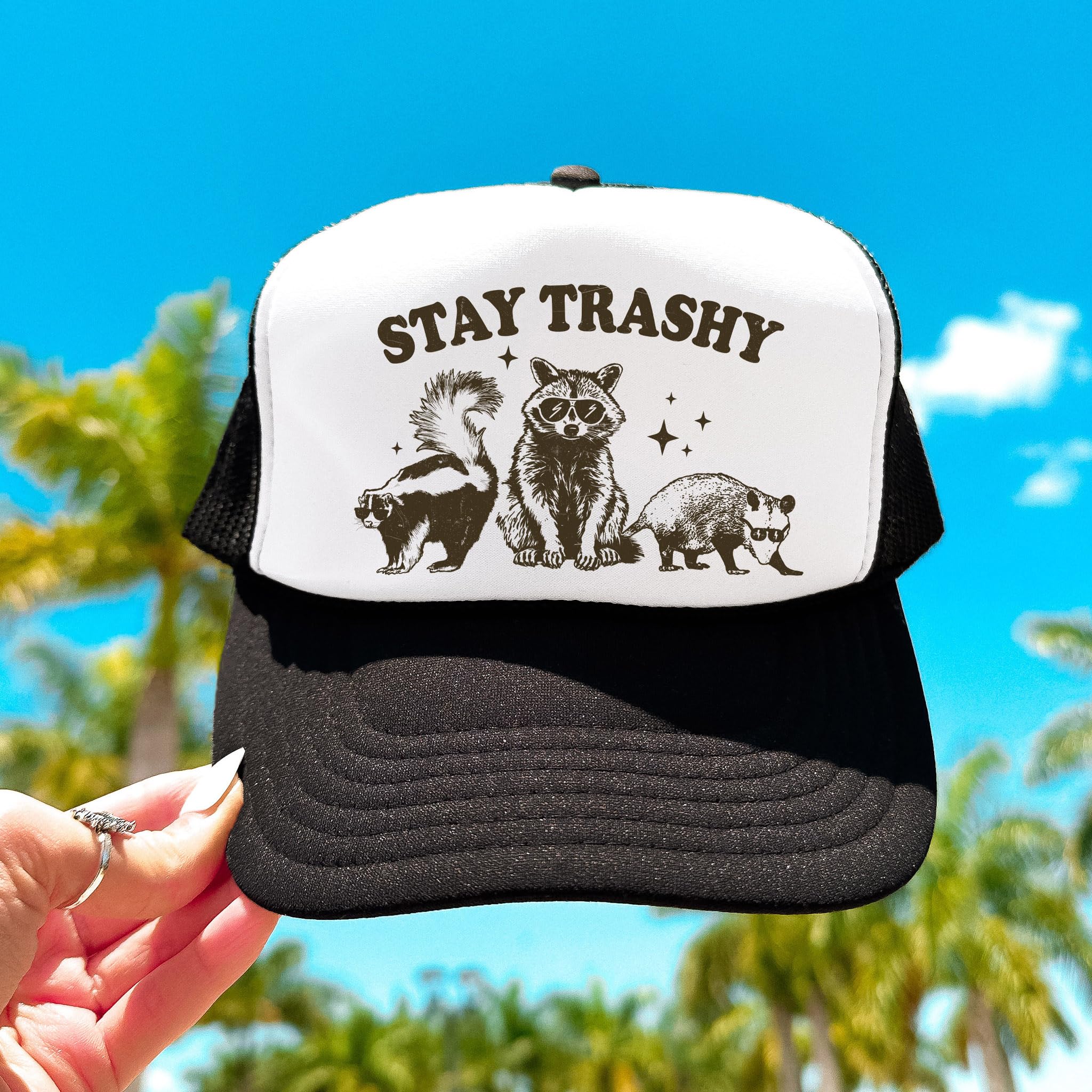 Stay Trashy Funny Raccoon Graphic Classic 5 Panel Mesh Snap Back Trucker Hat Black Trucker Hat