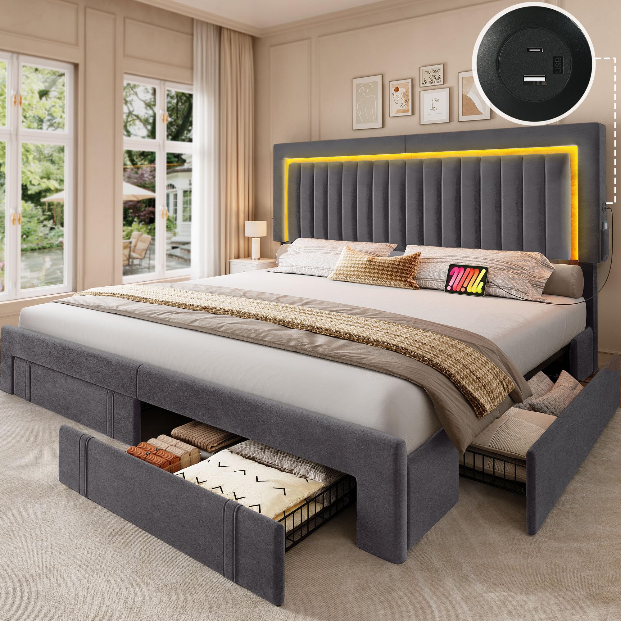 Photo 1 of ****PARTIAL SET - BOX 2/2 ONLY**** YITAHOME King Size Bed Frame with Adjustable Headboard, 4 Storage Drawers and RGB LED Lights, Velvet Upholstered Platform Bed with USB Ports, No Box Spring Needed, Fast Assembly, Noise-Free, Dark Grey