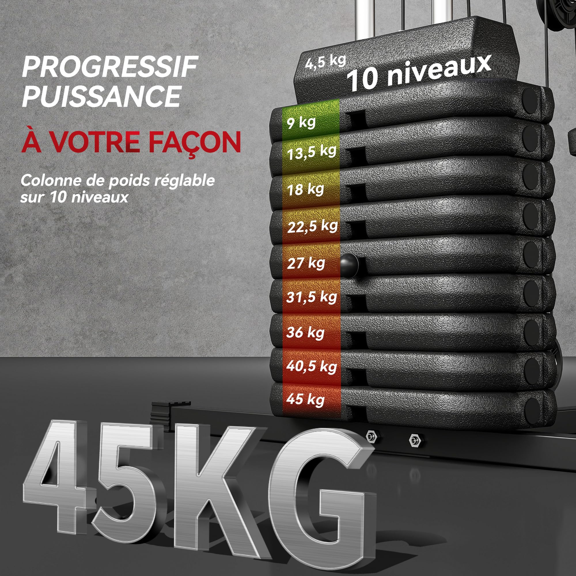 HOMCOM Station de Musculation Fitness Machine de Musculation avec 9 Blocs de Poids de 5 kg, 45kg au Total, entraînement Complet - 200 x 135 x 103 cm