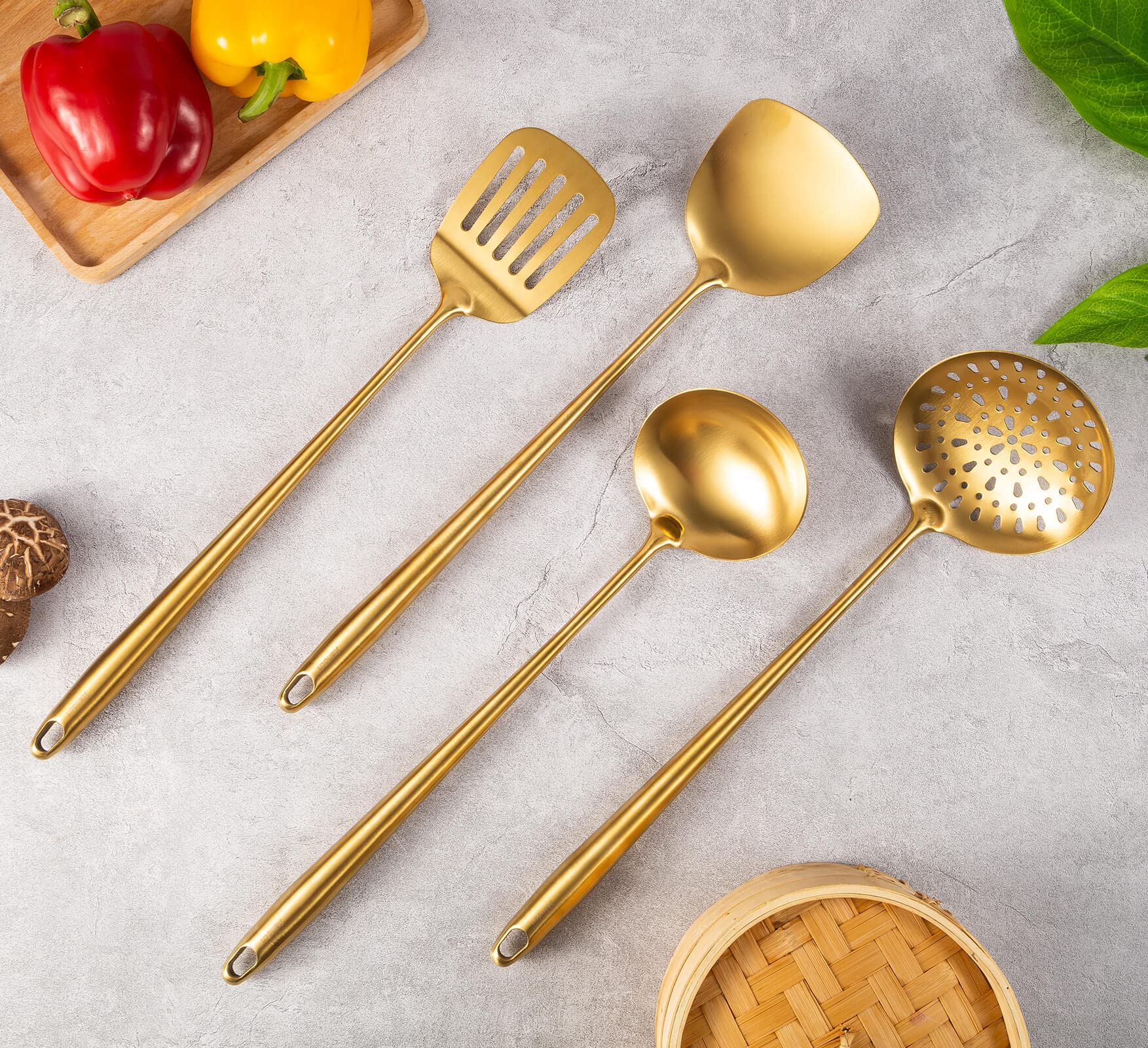 Juego de utensilios de cocina de acero inoxidable dorado de 17 pulgadas, Standcn 4 piezas de mango largo resistente al calor, espátula Wok, cucharón, cuchara ranurada, espátula ranurada