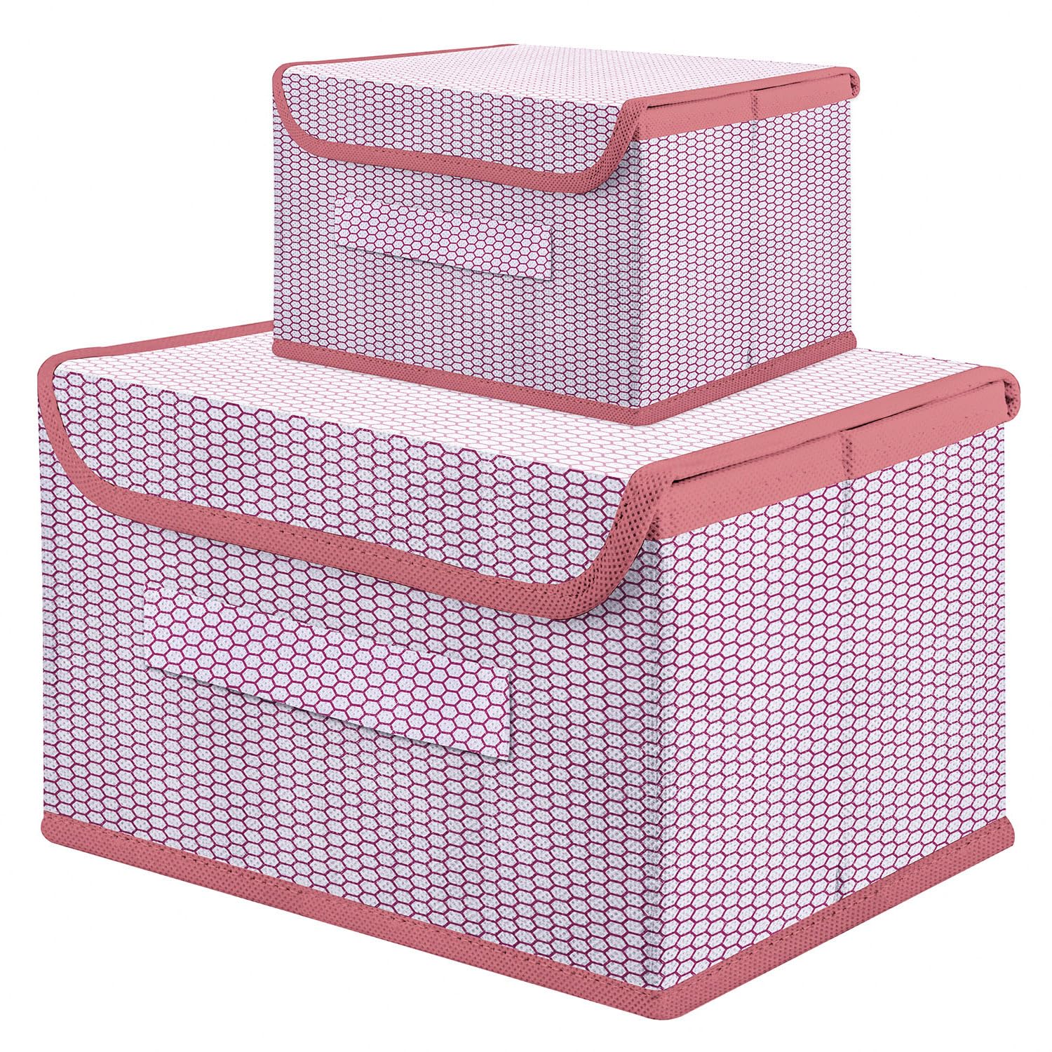 Kuber Industries Drawer Storage Box | Zig Zag Storage Box With Lid | Non-Woven Clothes Organizer | Storage Box with Handle | S | L | Pack of 2 | Pink