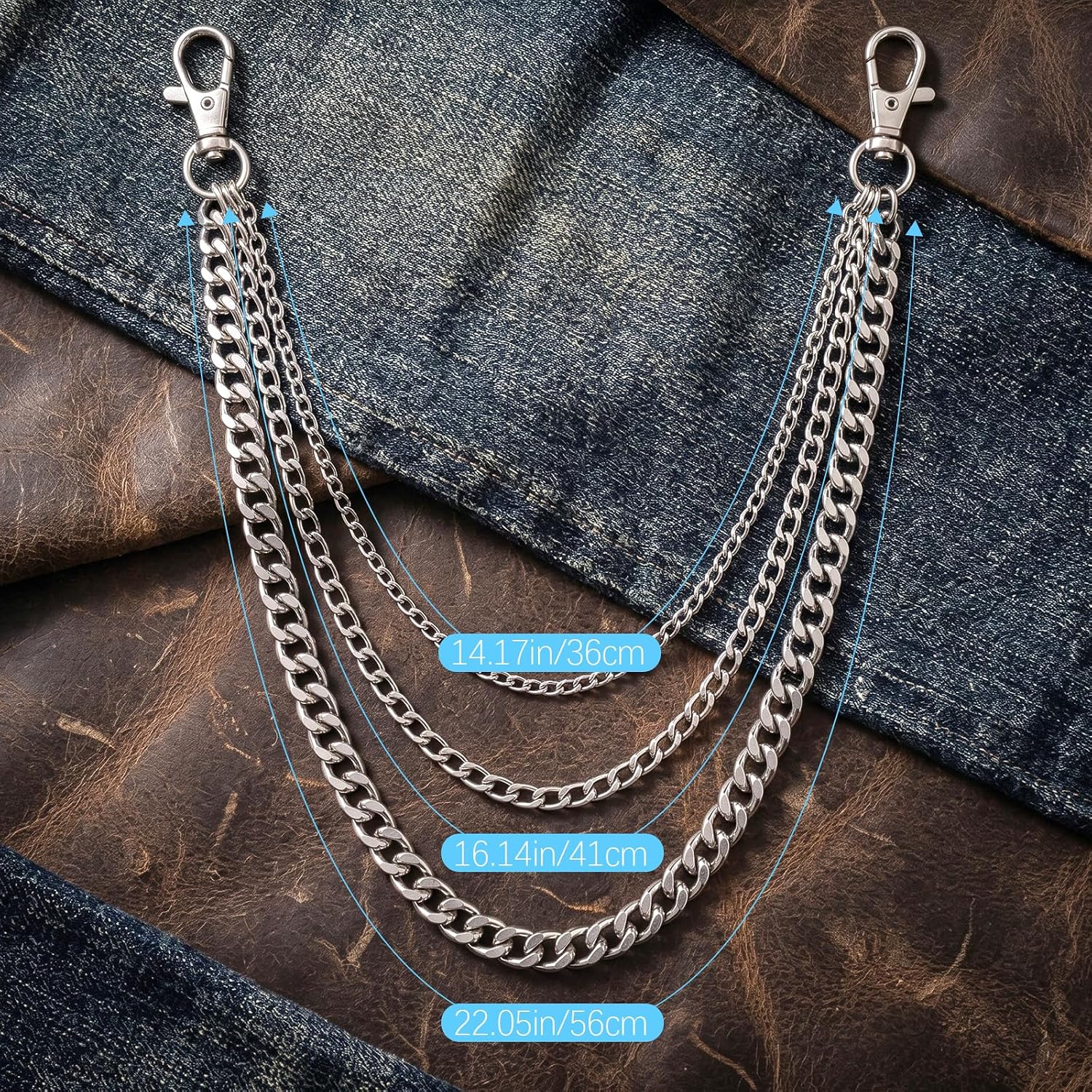 Silver Jean Chain Belt,Pocket Goth Punk Chain | Three row Layered Chunky Pants Belt Chain and Vintage Hip Hop Wallet Chain Jewelry Accessory for Women Men
