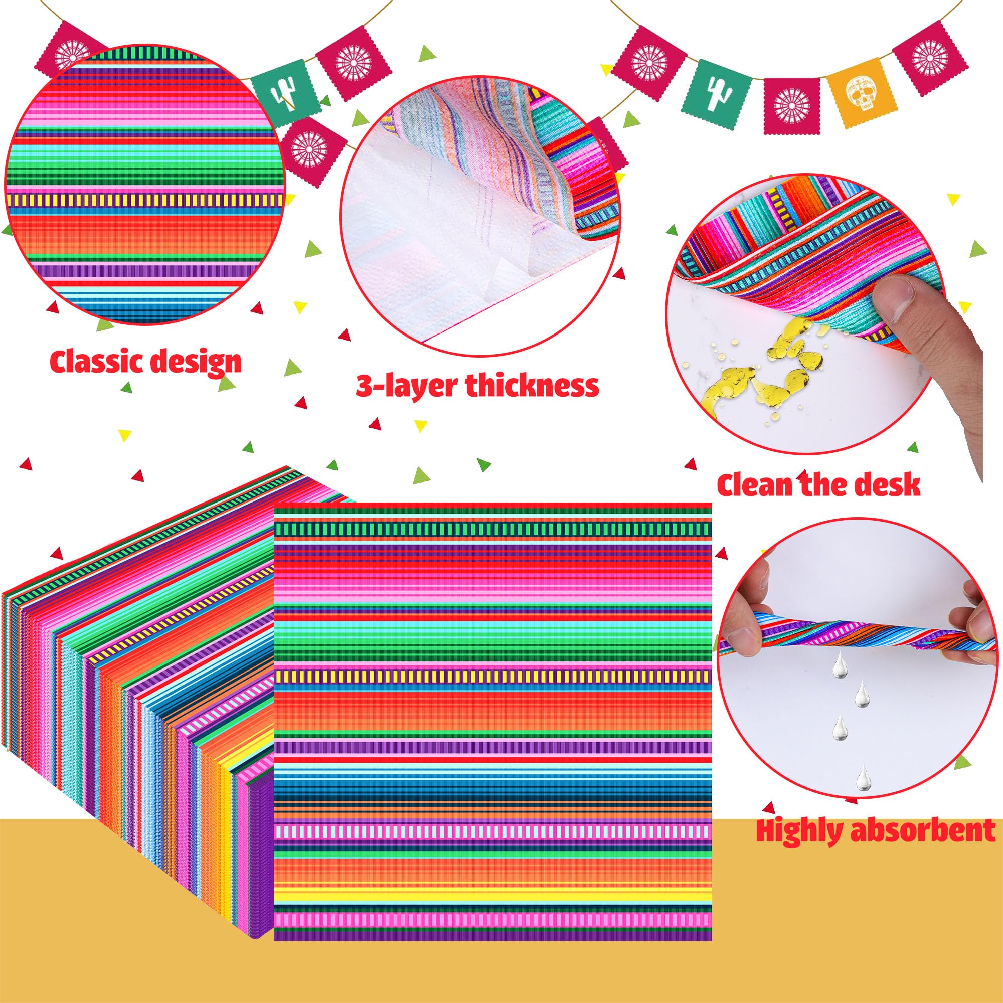 Paquete de 100 servilletas mexicanas de fiesta mexicana de 3 capas coloridas desechables servilletas de papel de cóctel Cinco de Mayo, toalla de mano de papel para fiesta del Cinco de Mayo, taco, baby