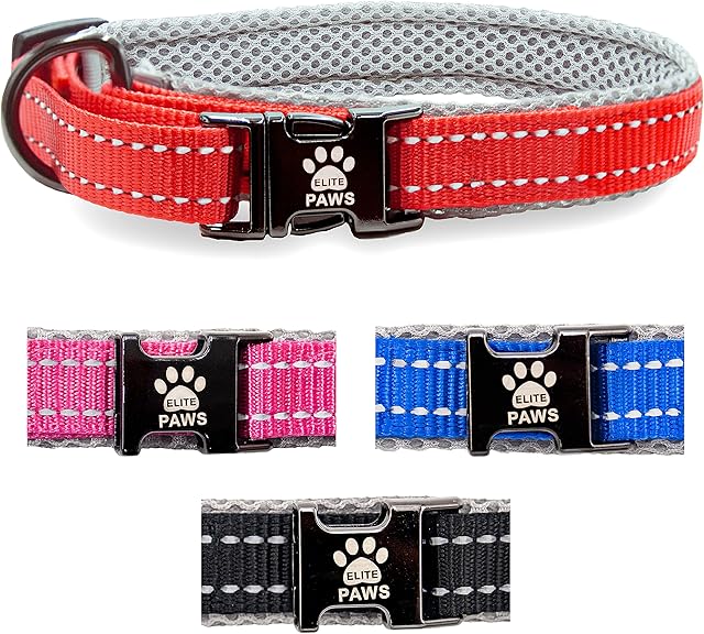 Elite Paws® UK. Premium Dog Collar Metal Buckle, Soft Padded Mesh, Reflective, Strong, Adjustable. Puppy Puppies XXS XS Small Medium Large Extra XL Boy Girl Male Female Pet Breeds (25cm-30cm Red/Grey)