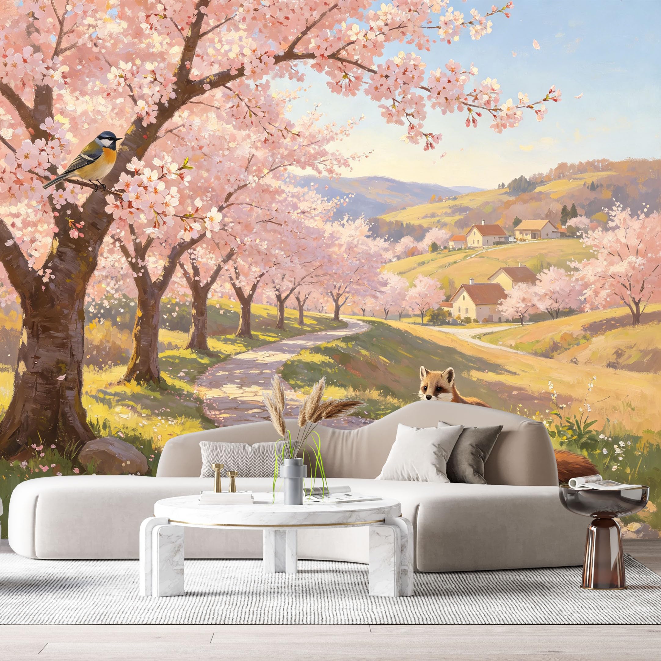 Custom Size Wall Murals Botanical Landscape Oil Painting Cherry Blossom Trees Fox Bird Path SelfAdhesive Wall Fabric Removable Large Wallpaper Photo for Living Room