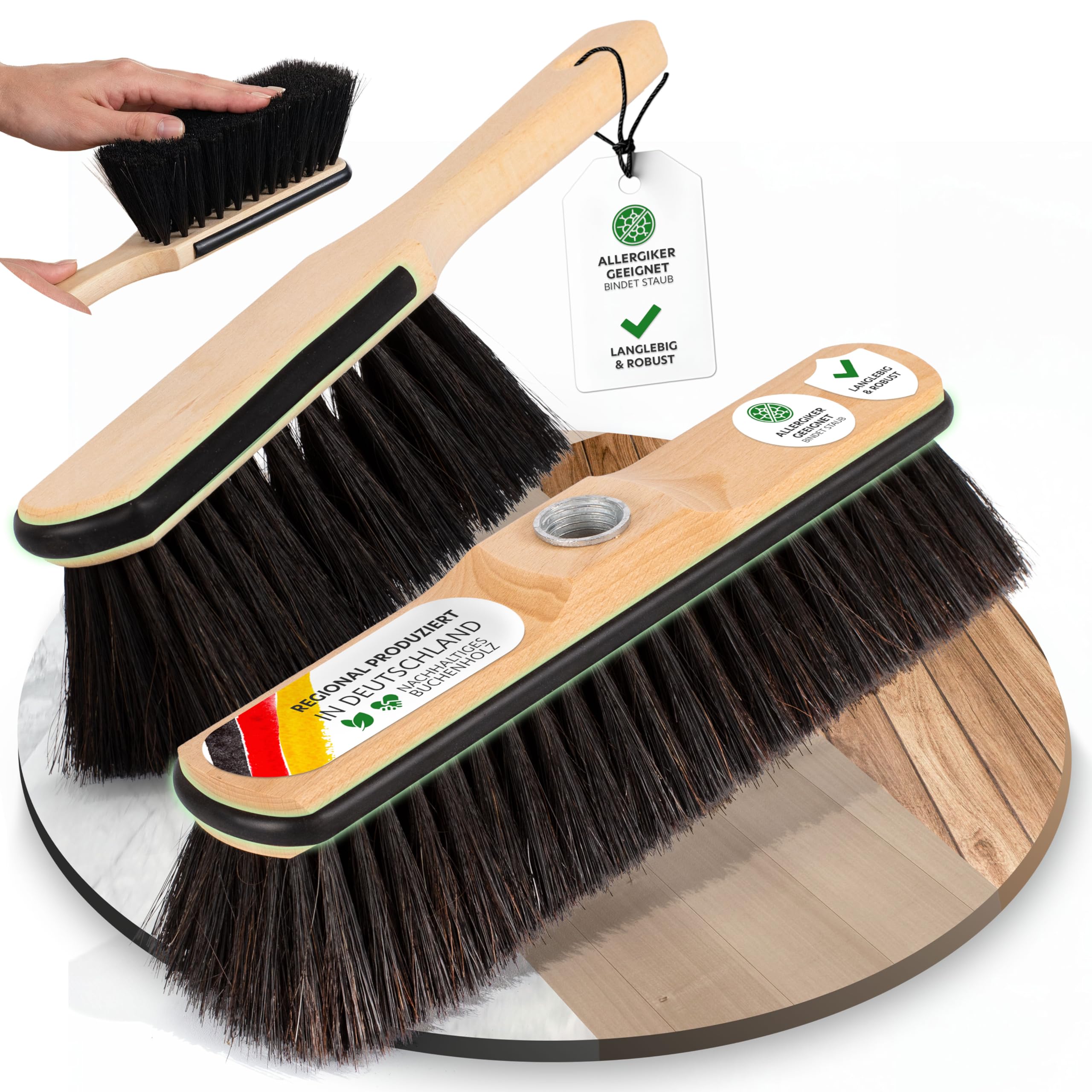 ORGAFLIX Premium Besen mit Handfeger ohne Stiel mit Kantenschutz, extra staubbindend durch hochwertige Rosshaarmischung, Zimmerbesen, Kehrbesen ohne Besenstiel, Rosshaarbesen, Made in Germany