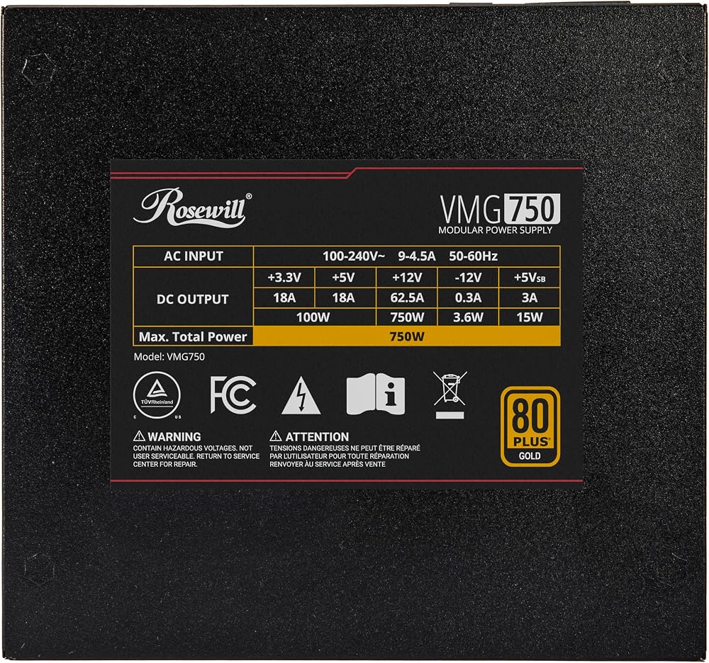 Rosewill VMG 750W 80+ Gold, ATX 3.0 & 3.1 Compatible, Full Modular Low-Noise Power Supply, PCIe 5.1 12V-2x6 Connector, 100% Japanese Electrolytic Capacitor, 120mm FDB Silent Fan - 5 Year Warranty