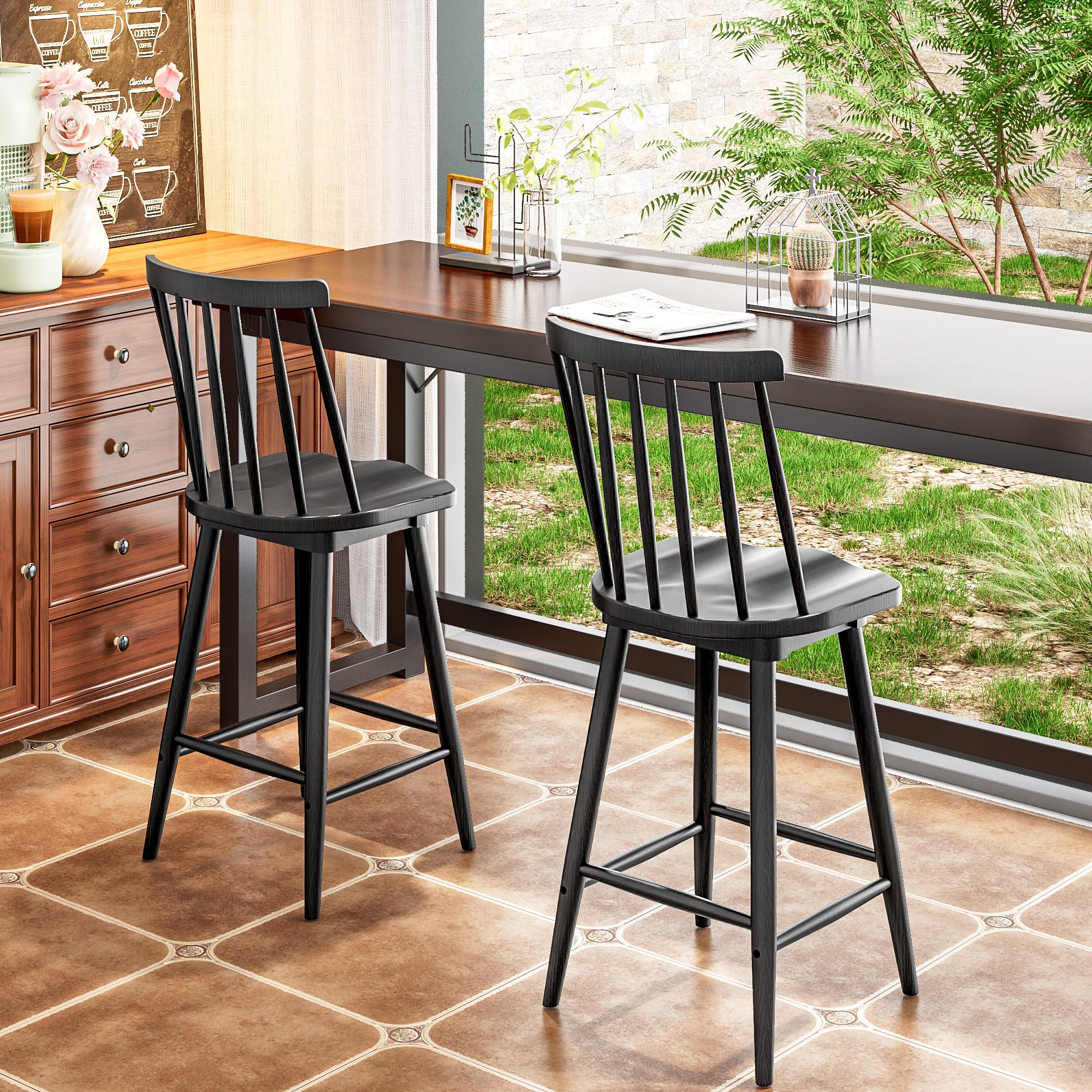 DlandHome 360° Swivel Bar Stools Set of 2, 24.2 Inch Bar Height Stools with Rubberwood Legs & Spindle Back, Wrap-Around Footrest, Wooden Counter Height Barstool for Kitchen Island, Pub, Black