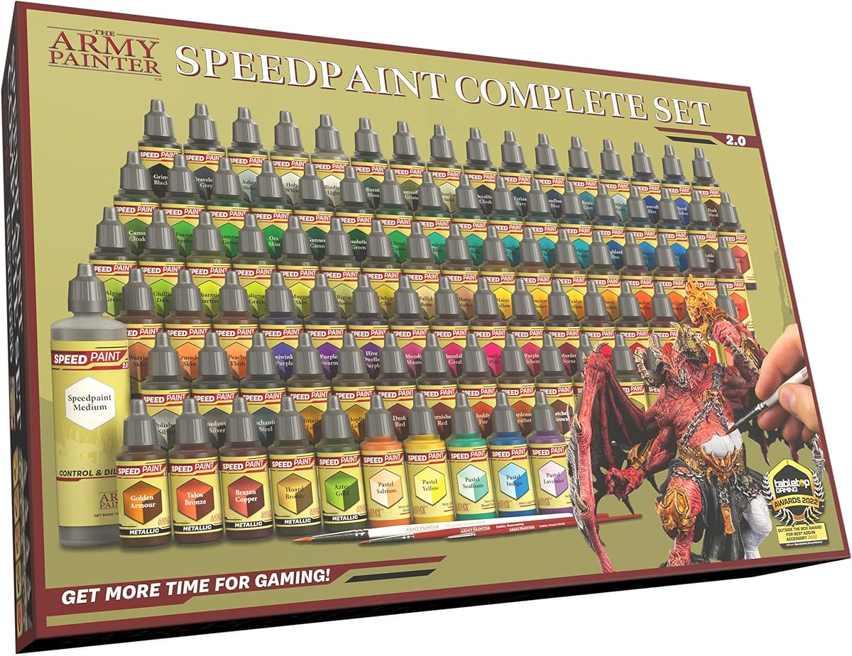 The Army Painter, Speedpaint Complete 2.0, 90 x 18 ml | Acrylic Contrast Paint Set incl. 10 metallics, 1 medium & 3 Brushes for Miniature Model Painting, DnD & Warhammer Figures
