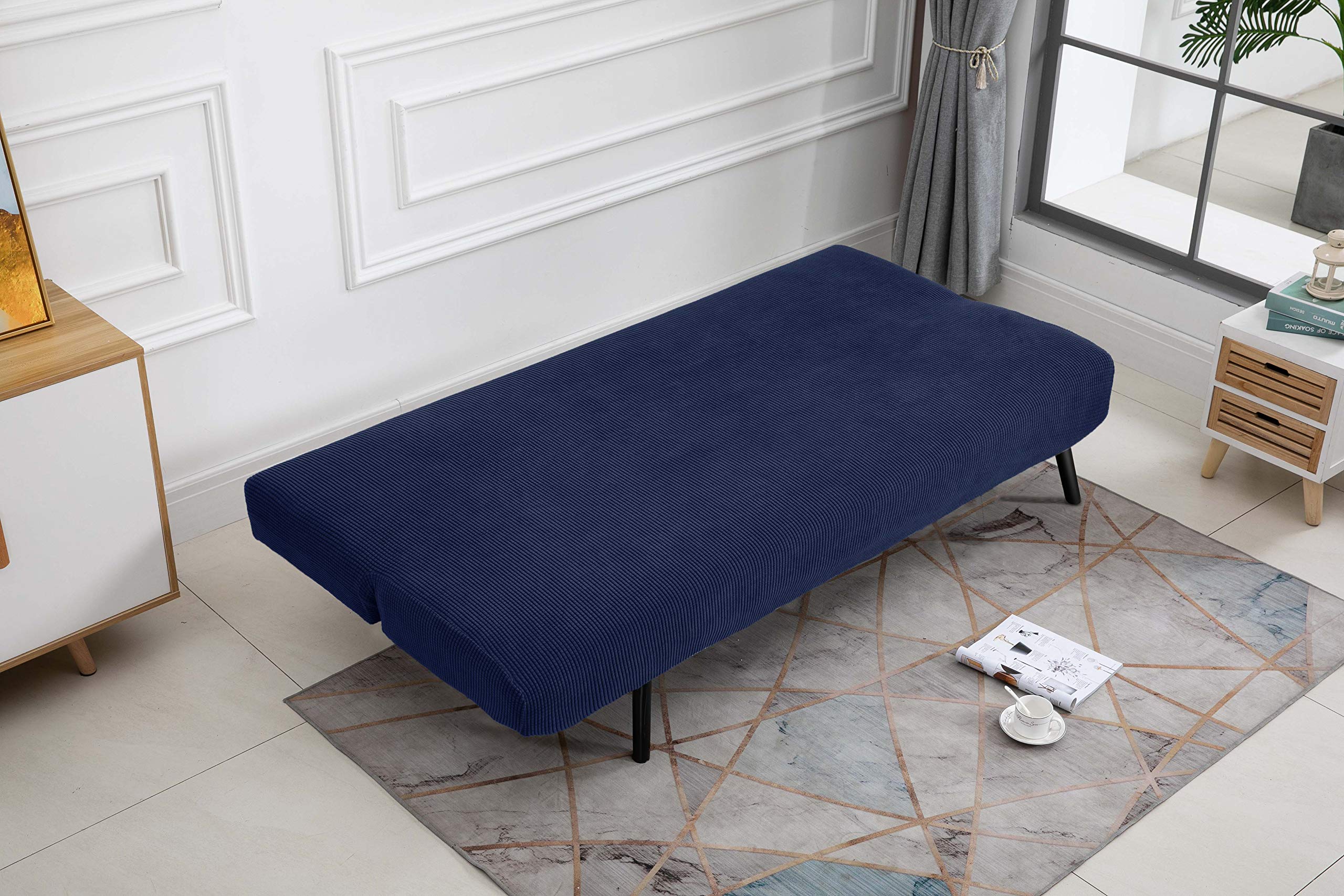 TIANSHU Copridivano Senza Braccioli, Copridivano 3 Posti Senza Braccioli Elasticità Jacquard Antiscivolo Copridivano Clic Clac Pieghevole Regolabile (3Posti, Blu Scuro)