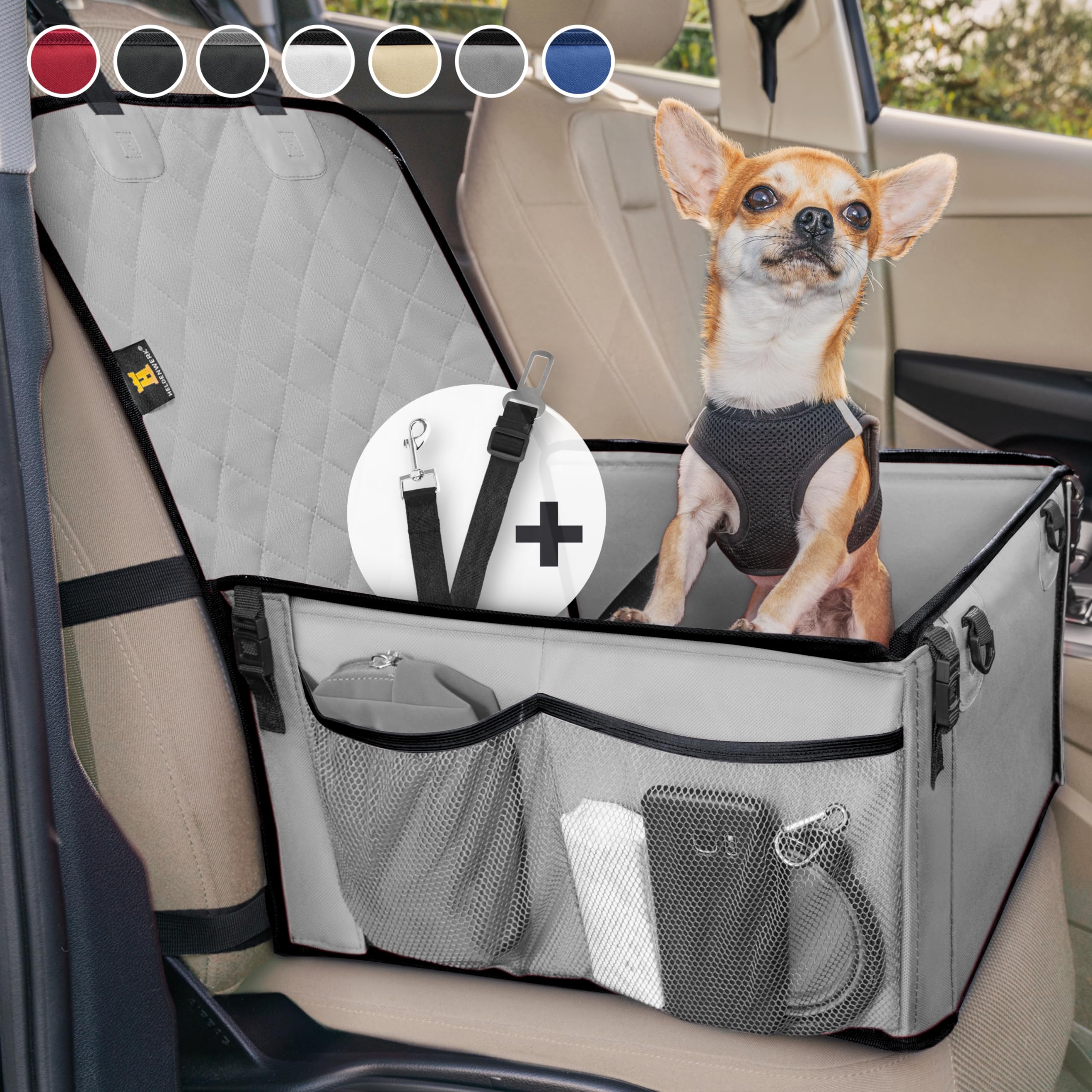 HELDENWERK Asiento de Coche para Perros pequeños y medianos con Correa, Resistente al Agua y Estable para el Asiento Trasero y el Asiento Delantero, Asiento de Coche para Perros, Asiento de copiloto