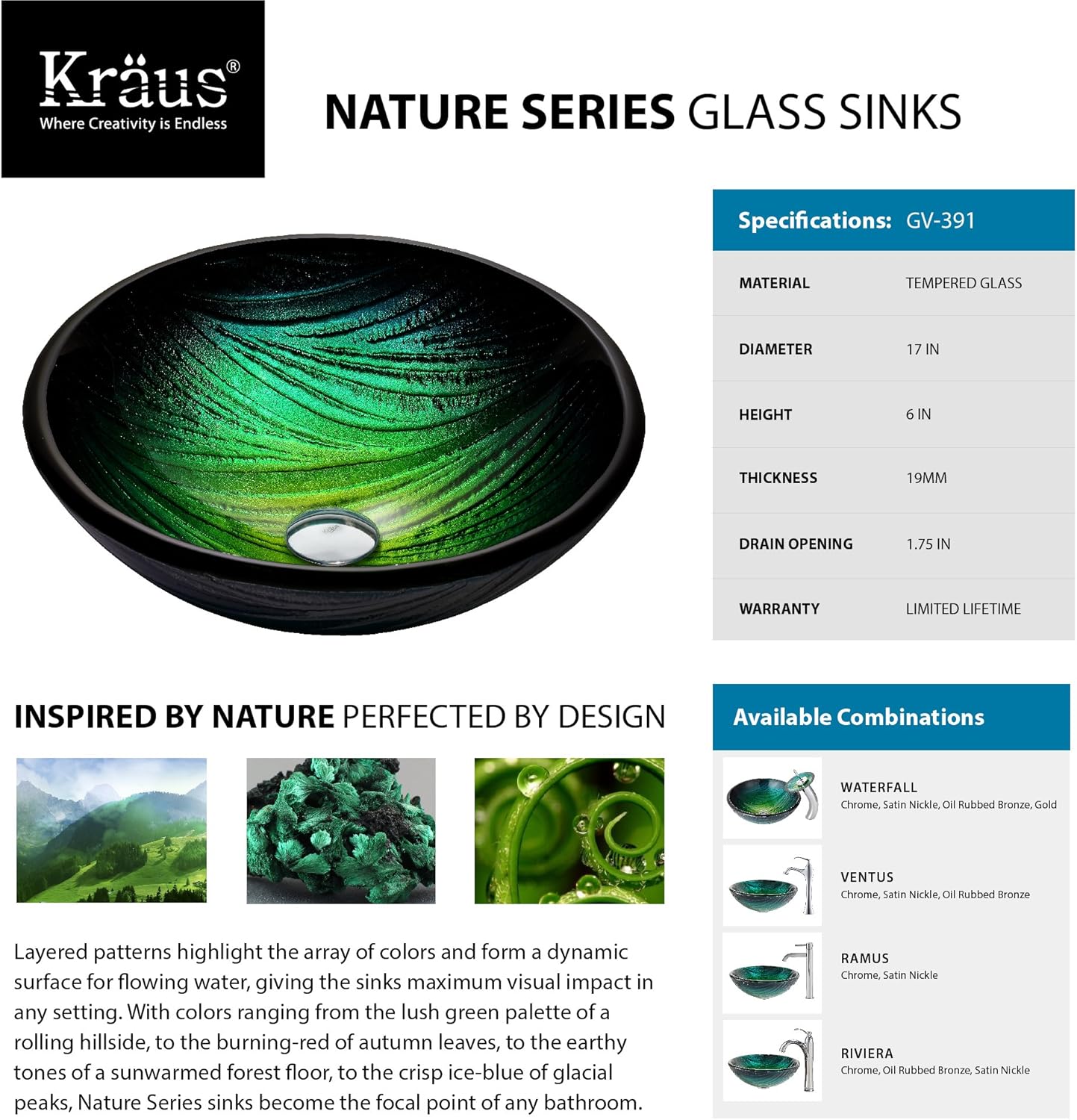 KRAUS Nei Glass Vessel Sink in Green with Ramus Faucet in Satin Nickel