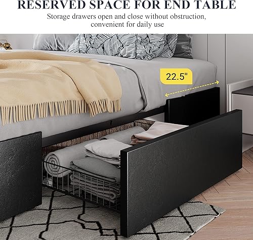 Miniatura 25 de Allewie Base de cama de plataforma de tamaño matrimonial con 3 cajones de almacenamiento, tapizada de tela, soporte de listones de madera, no Cuero