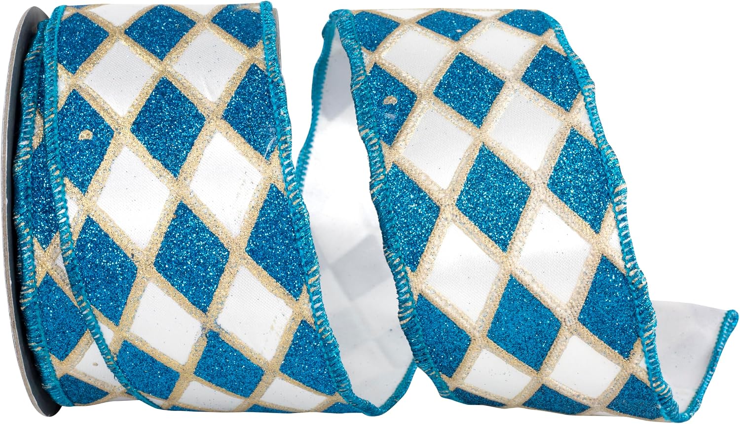 Ribbon - Glitter Diamond Outlines Deluxe Satin Wired Edge, Turquoise/White, 2-1/2 Inch, 10 Yards