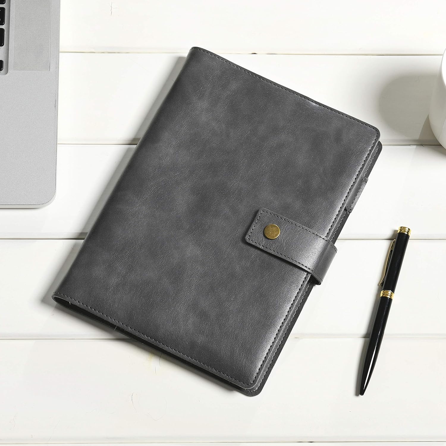 Wonderpool Leather Journal Refillable Notebook Spiral Diary Binder Portfolio - A5 Dotted Paper & Inner Pockets for Travel Work and Personal Organizer (Grey, A5)
