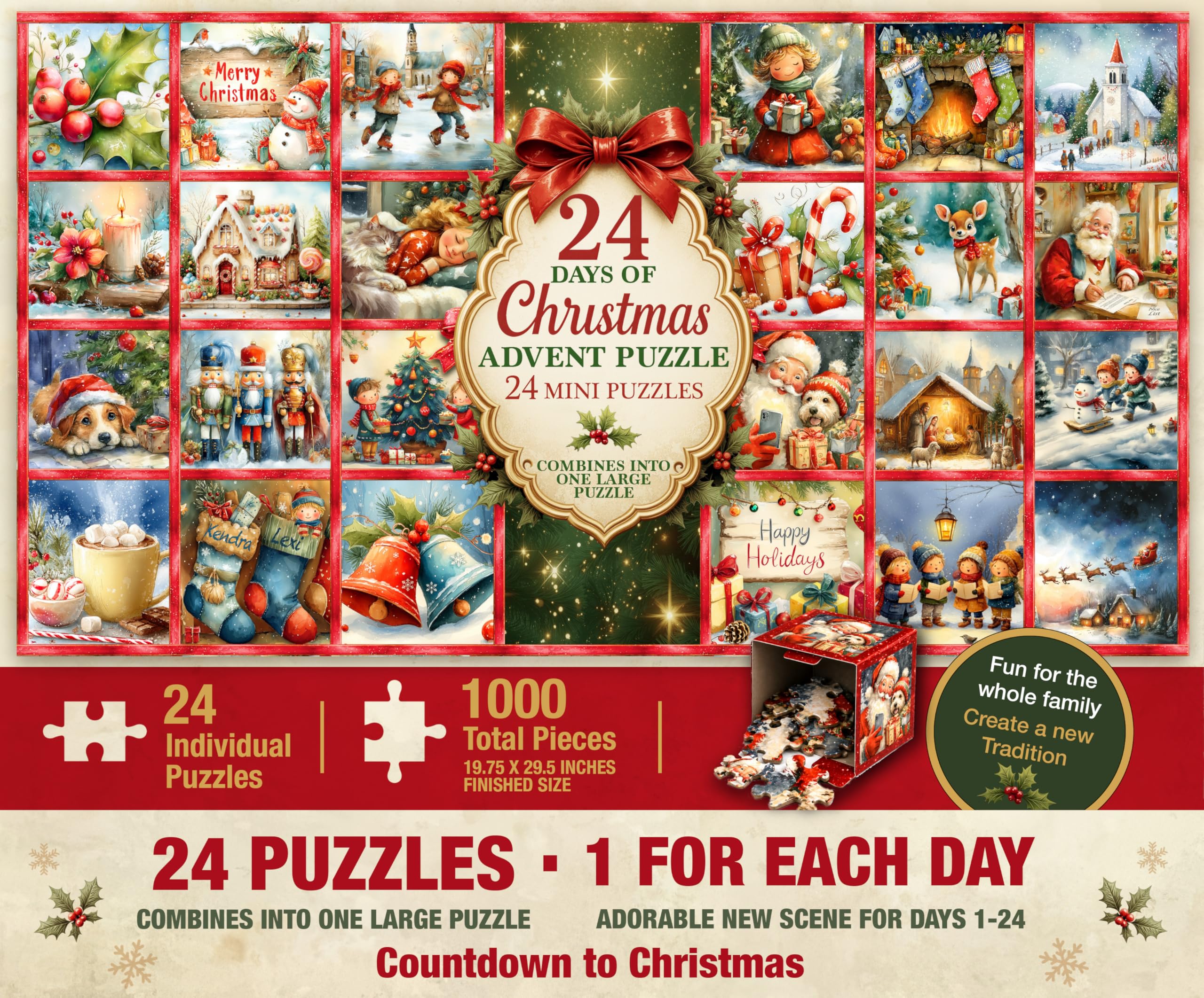 Prime Time Puzzles Christmas Advent Puzzle 1000 Piece Countdown 2026 | Features 24 numbered boxes for a holiday countdown calendar. Includes a poster. Reusable gift for kids, adults, and family.
