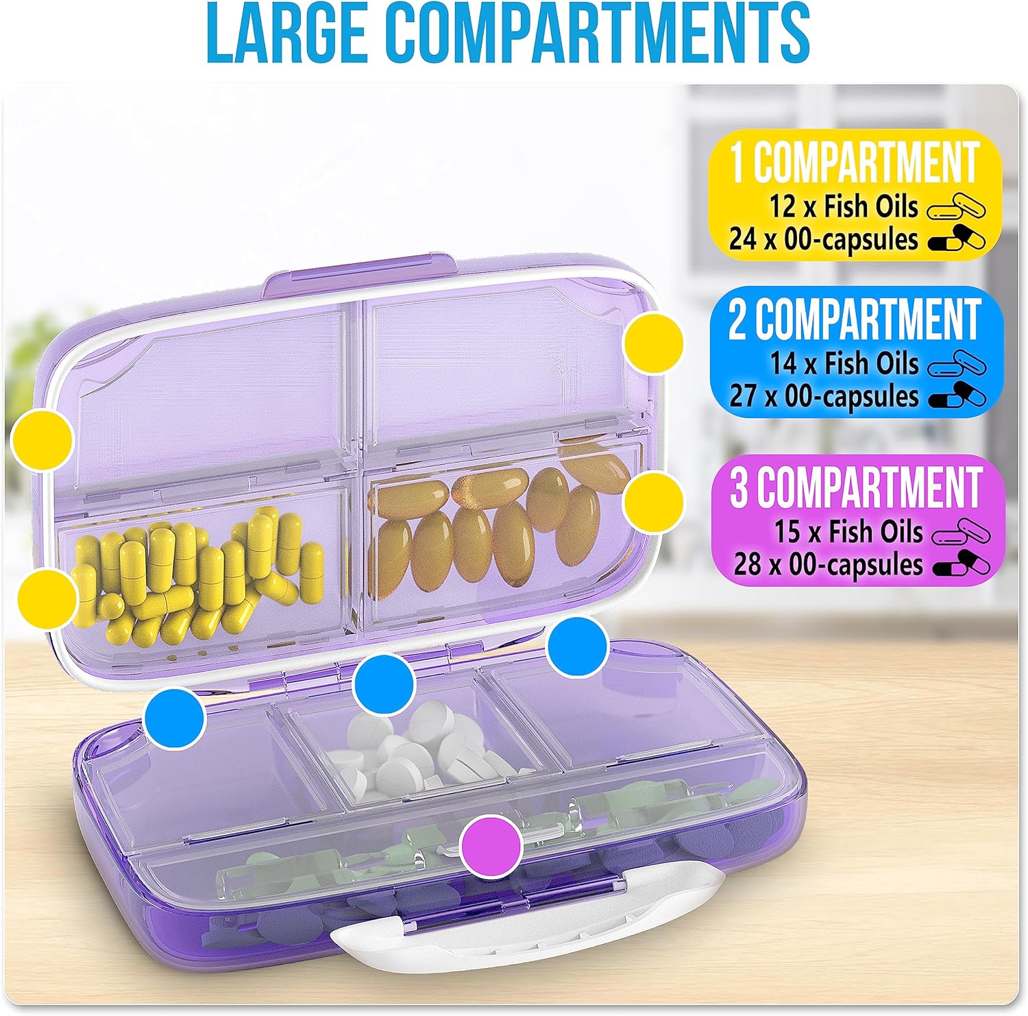 Airtight Pill Organizer Box Large Pill Dispenser Home Travel Essentials Supplement Holder Portable Vitamin Sorter Jumbo Size 8 Compartment Container Daily Medicine