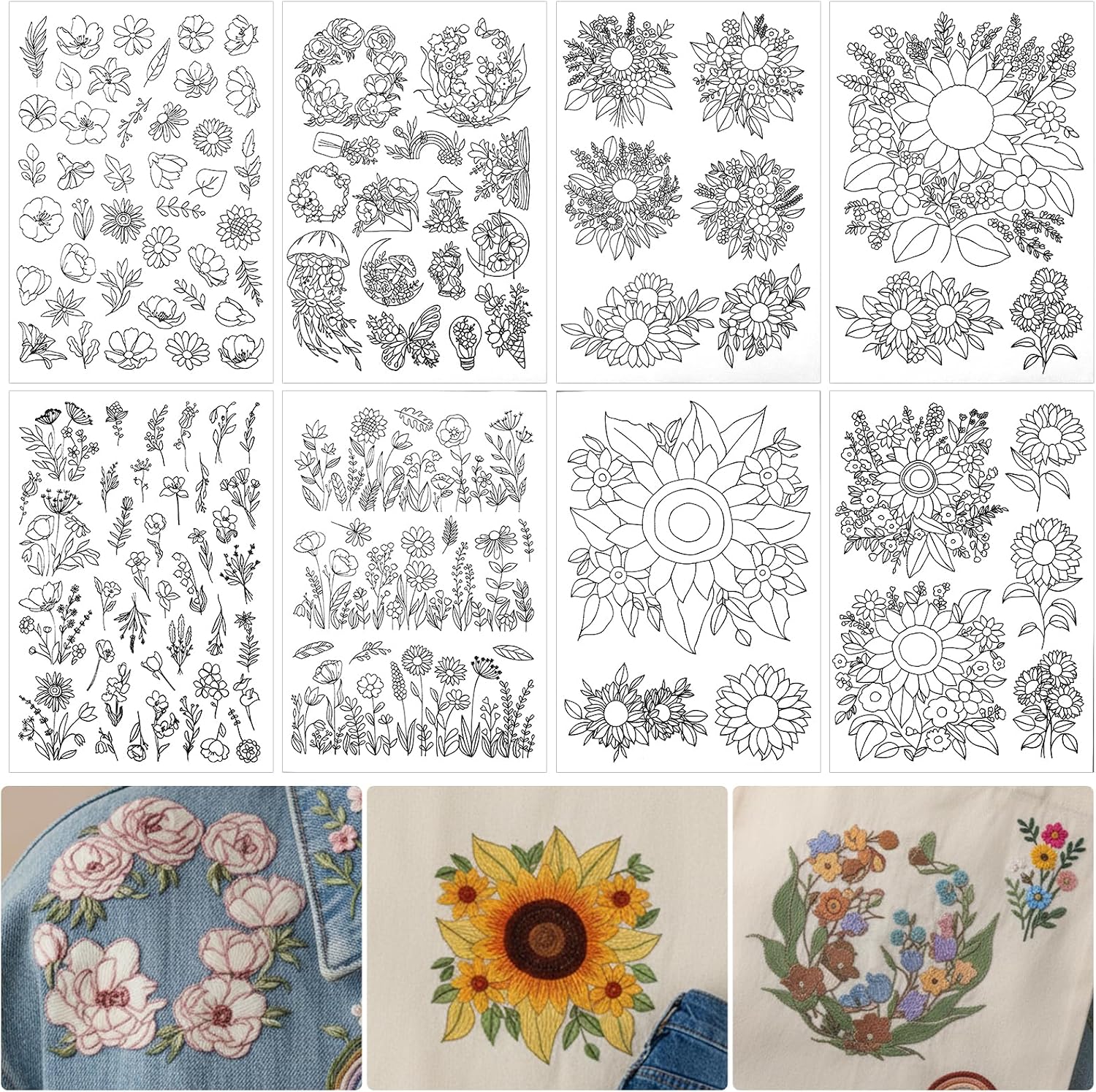 Hadnves 8 Sheets Water Soluble Embroidery Patterns Stick and Stitch Embroidery Stabilizer Wash Away Transfer Paper Pre-Printed Floral Shrubs Leaves Stencils for Jean Tshirt Bag Hand Sewing Lover